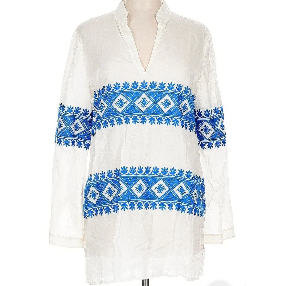 Tory Burch Tory Burch Stephanie Embroidered Coverup Tunic Ivory blue Size L / US 10 / IT 46 - 1 Thumbnail