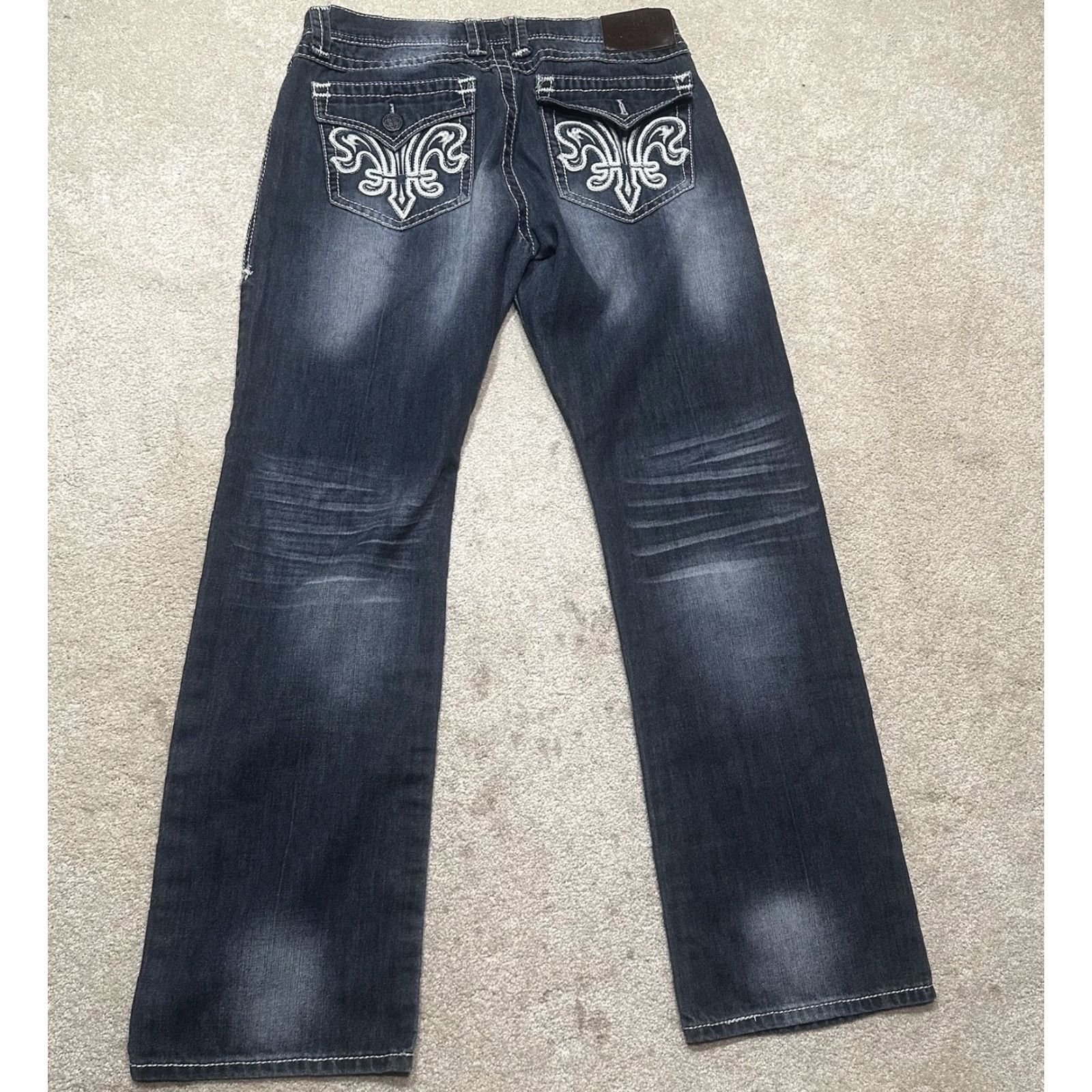Denime Archaic Premium Jeans Mens 32x32 Denim Blue Embroidered Le Fleur Distressed 5-Pocket Regular Fit Jeans Men Size US 32 / EU 48 - 3 Thumbnail
