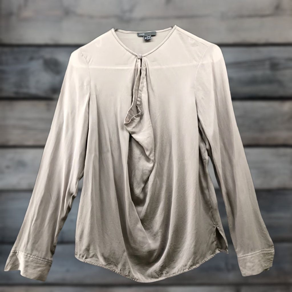 Vince Vince Blouse Long Sleeve 100% Silk Womens 10 Taupe Beige Drape Front Gathered Shirt Casual Business Womens Size L / US 10 / IT 46 - 1 Thumbnail