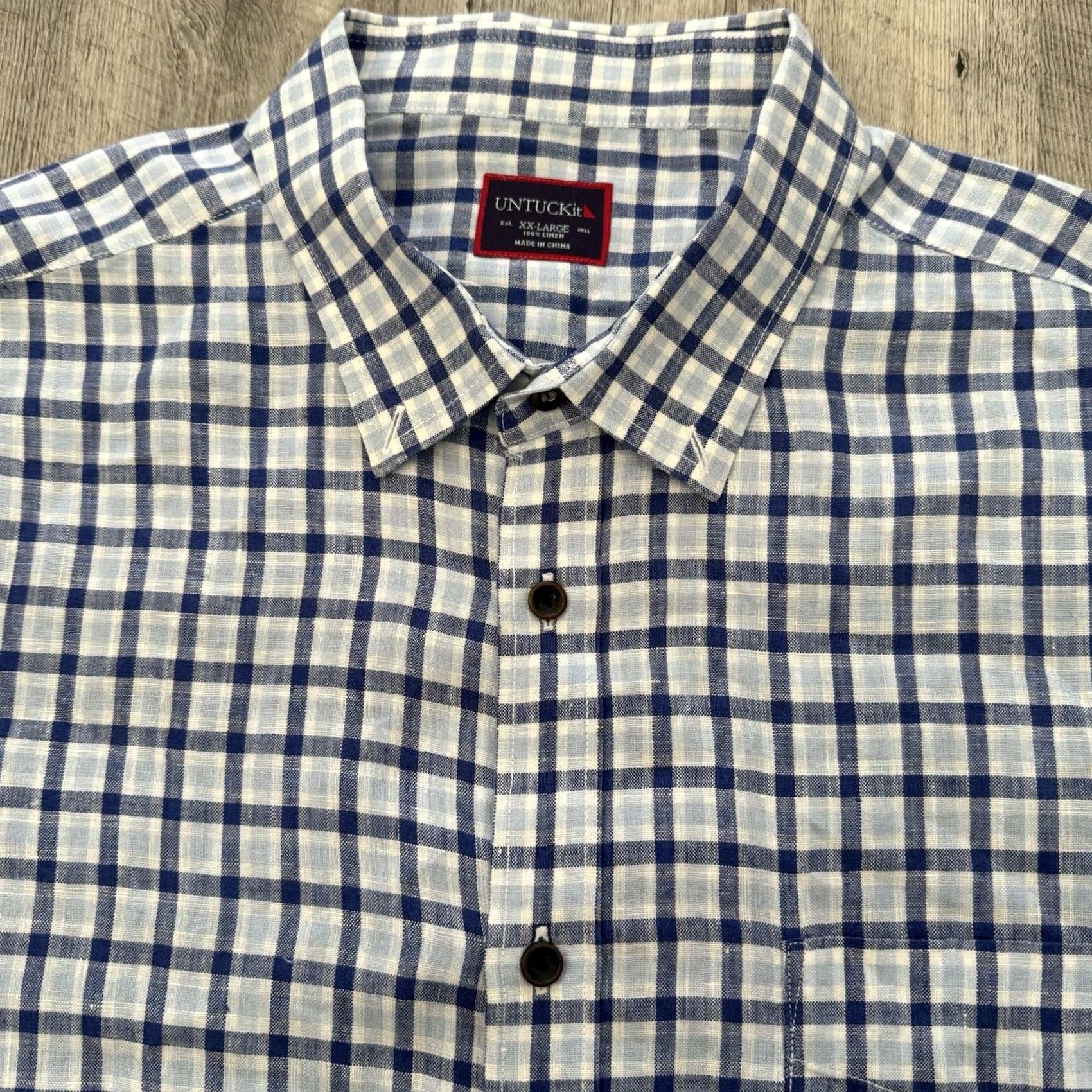 UNTUCKit UNTUCKit Mens XXL Blue Plaid Linen Button-Up Shirt Reg Fit Short Sleeve Size US XXL / EU 58 / 5 - 8 Thumbnail