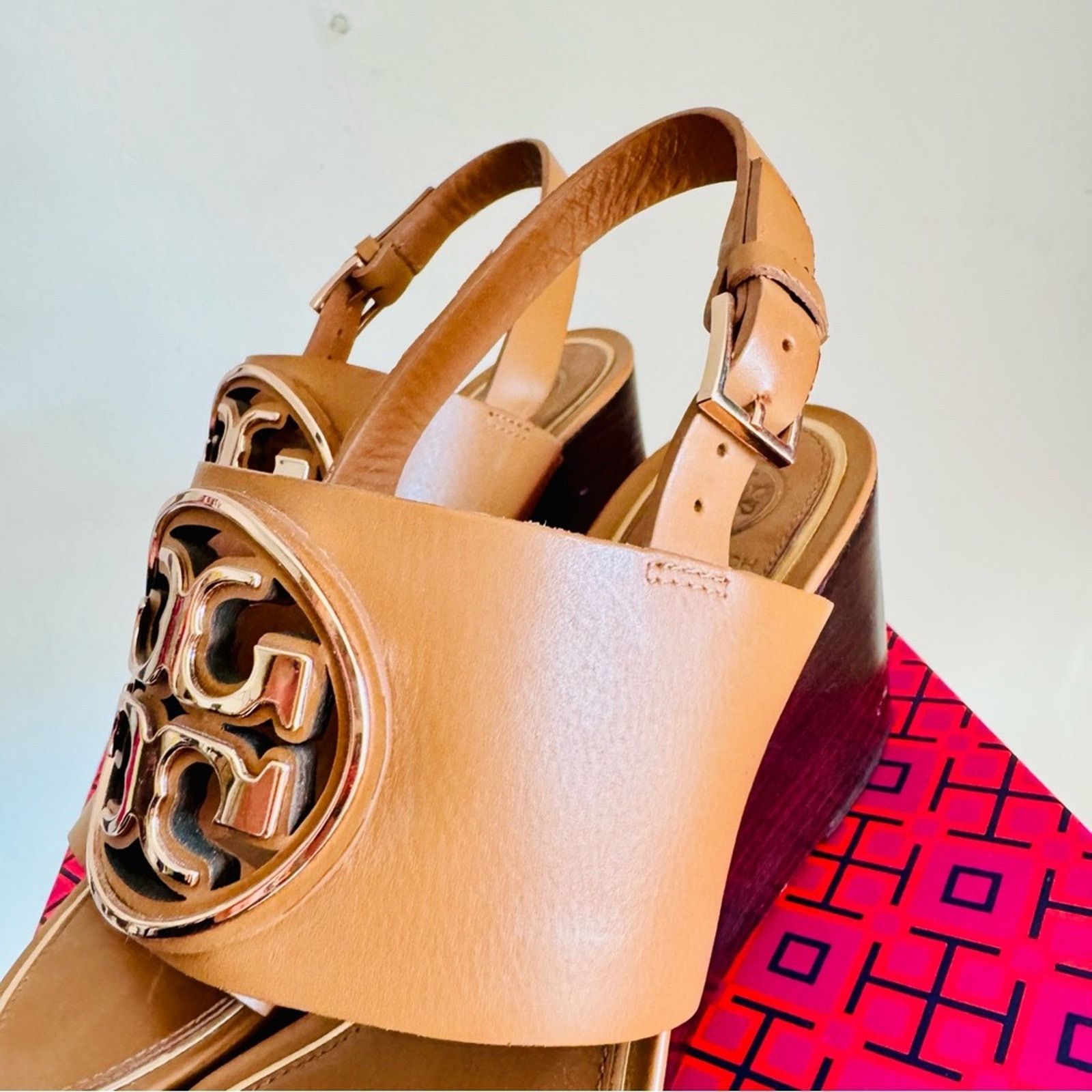 Tory Burch TORY BURCH Brown Leather Rose Gold Miller Wedge $350 Sandals Size US 8.5 / IT 38.5 - 7 Thumbnail