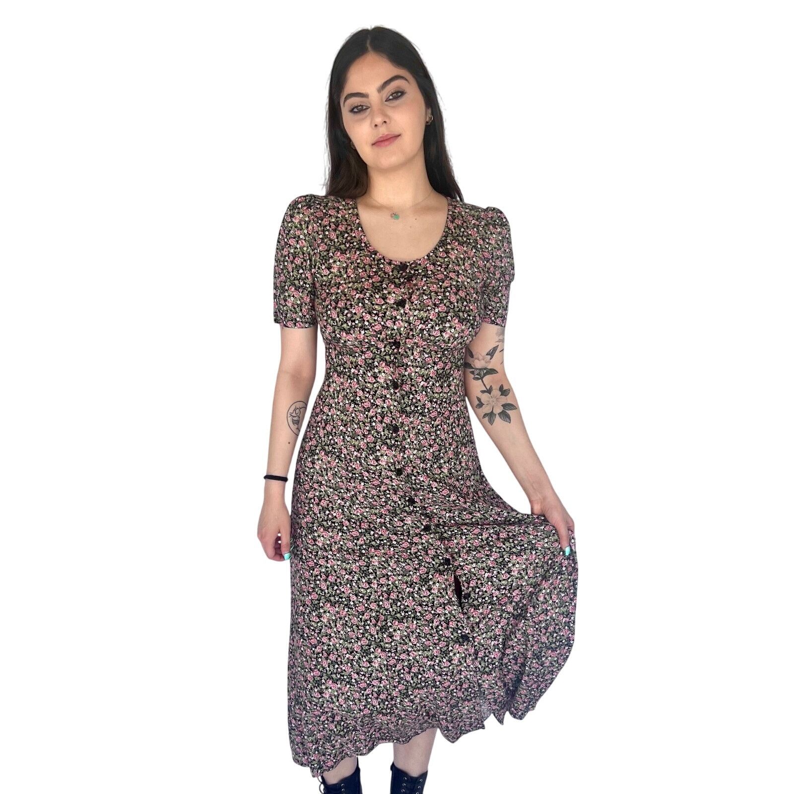 VTG 90s Floral Cottagecore Midi Dress Puff Sleeve 5/6