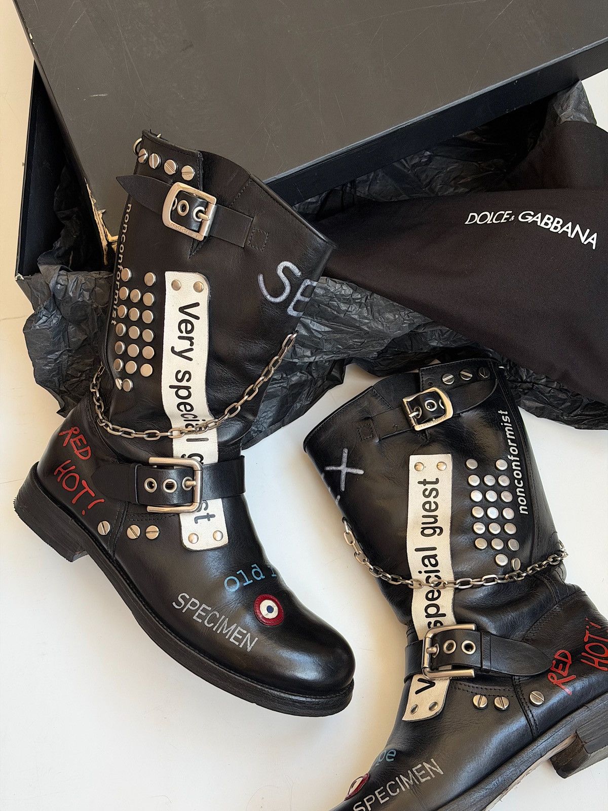 Dolce & Gabbana DOLCE & GABBANA SS 2003 Sex Biker Leather Boots runway logo Size US 8.5 / IT 38.5 - 21 Thumbnail