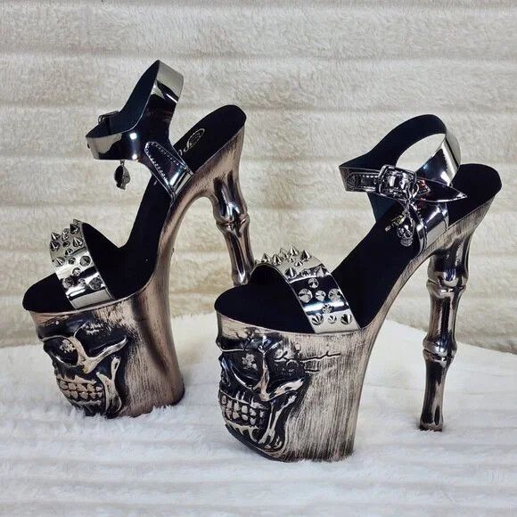 Other Rapture Silver Pewter Spike Skull & Bones 8" High Heel Platf Size US 10 / IT 40 - 5 Thumbnail