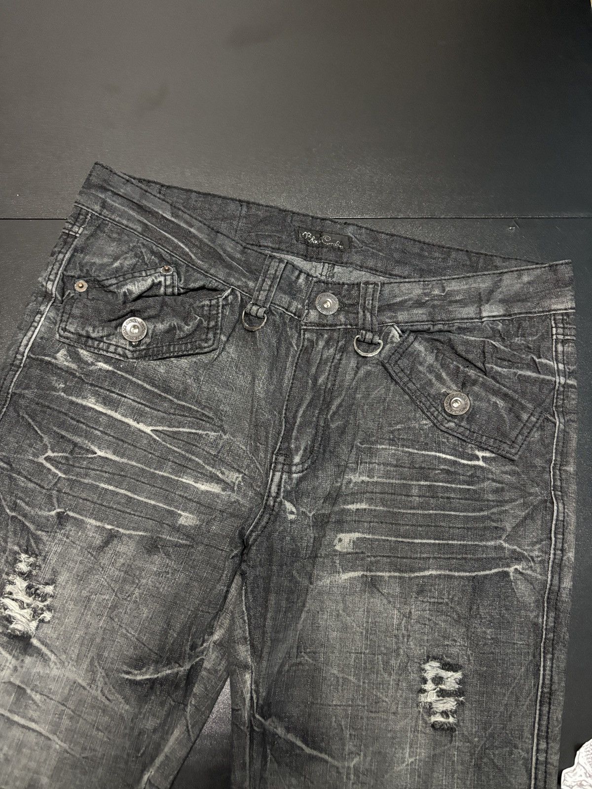Japanese Brand Y2K Black Crown Distressed Wide Flare Pants Size 32" / US 10 / IT 46 - 3 Thumbnail