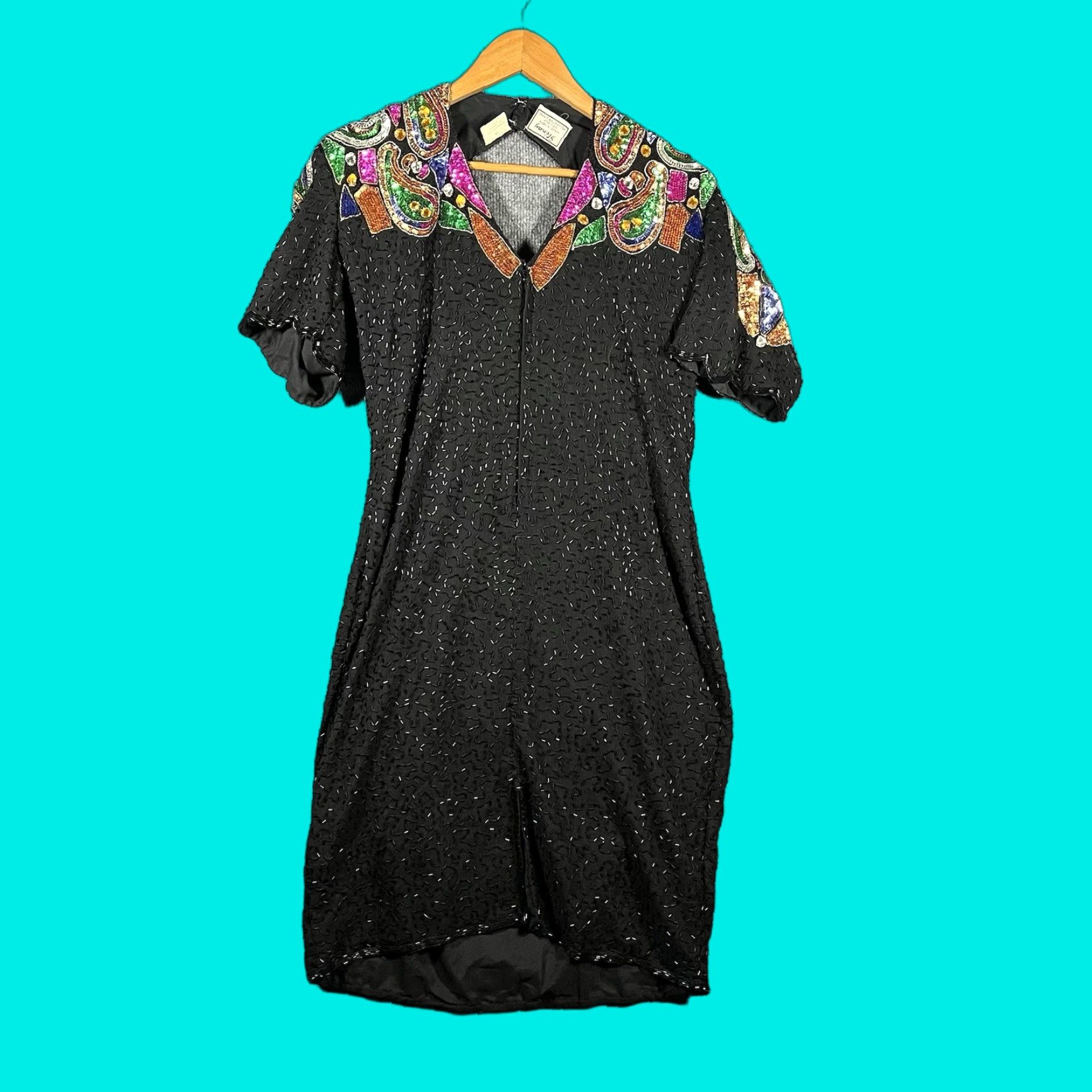 Altea VINTAGE 1980s Stenay Cocktail Dress 100% Silk Beaded Sequin Teal  Black Size 14 Women's Eveningwear | Grailed
