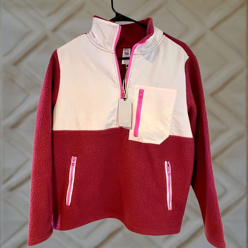 Pinko TeVerde Colorblock Sherpa Quarter Zip Mixed Media Pullover Jacket Pink White S Size S / US 4 / IT 40 - 1 Thumbnail
