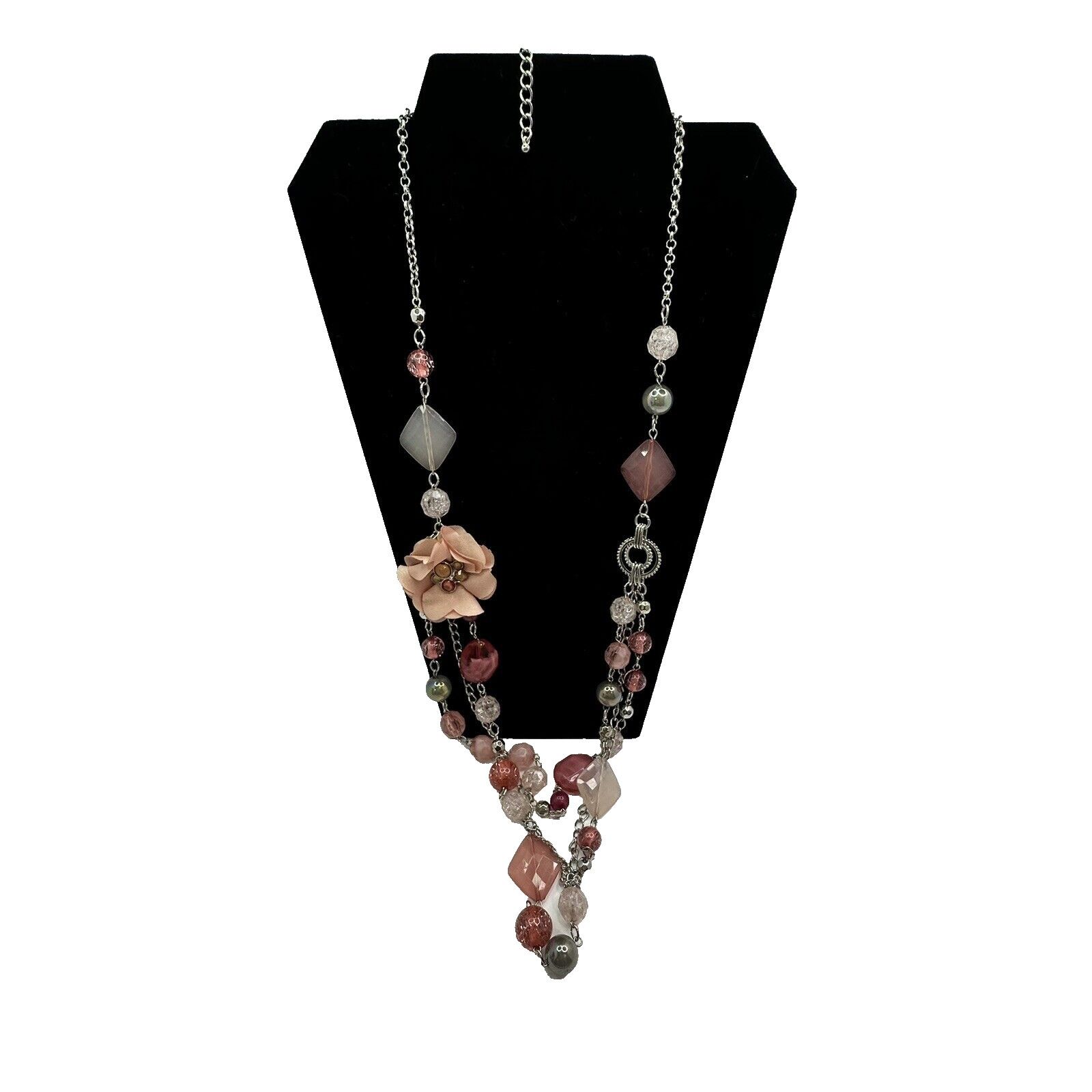 Other NY Pink Dangle Necklace 30" Beads Link Chain Flower AB Beads Size ONE SIZE - 5 Thumbnail