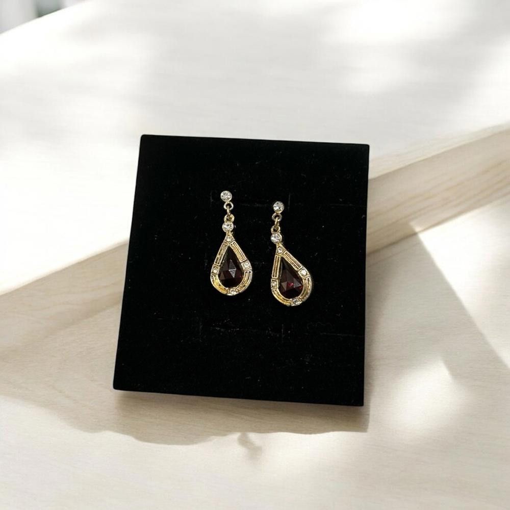 Designer Vintage Gold Tone Teardrop Earrings with Red Stones Size ONE SIZE - 2 Thumbnail