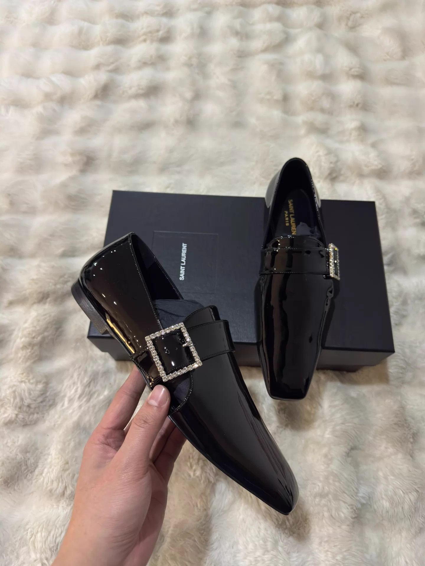 Saint Laurent Paris SLP Men's Crystal Square Buckle Patent Loafers 40 Size US 7 / EU 40 - 3 Thumbnail