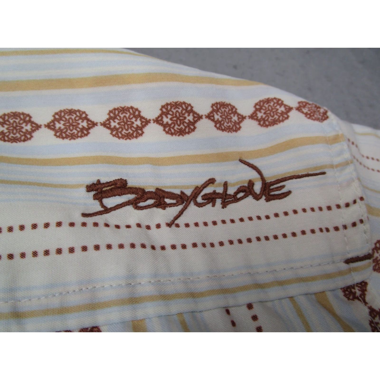 Body Glove Body Glove Shirt Mens XL Beige Striped Retro Pattern Rayon Short Sleeve Button-Up Size US XL / EU 56 / 4 - 6 Thumbnail