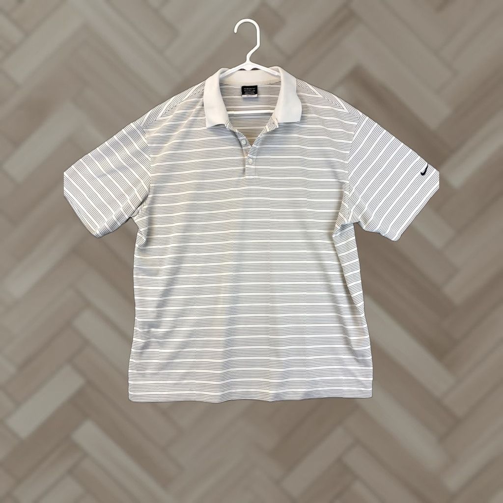 Nike Nike Dri-Fit Fit DRY Stripes Golf Polo Shirt Textured White Mens XL 65-9 Nike Golf Polo Shirt Striped White Textured Nike Dri-Fit XL Mens Size US XL / EU 56 / 4 - 1 Thumbnail