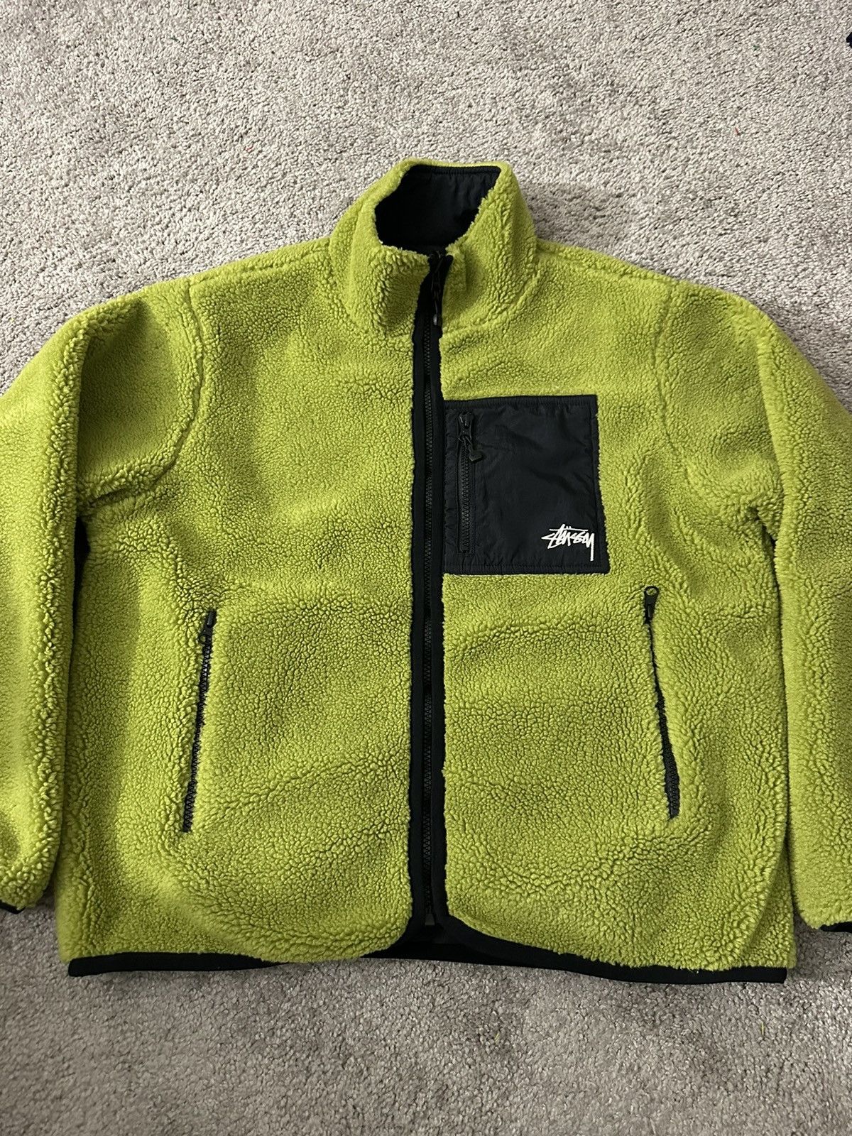 image of Stussy x Vintage Stüssy Sherpa Reversible Jacket in Green, Men's (Size Small)