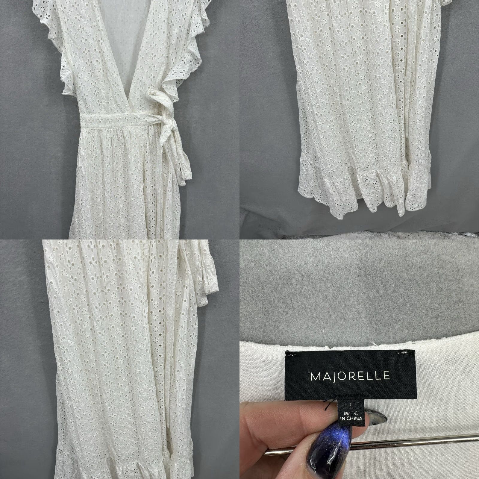Vintage Majorelle Womens Maxi Dress Eyelet Lace Wrap V-Neck Ruffle Tie Bohemian 90s White Cotton Summer Adult Small Size XS / US 0-2 / IT 36-38 - 8 Thumbnail