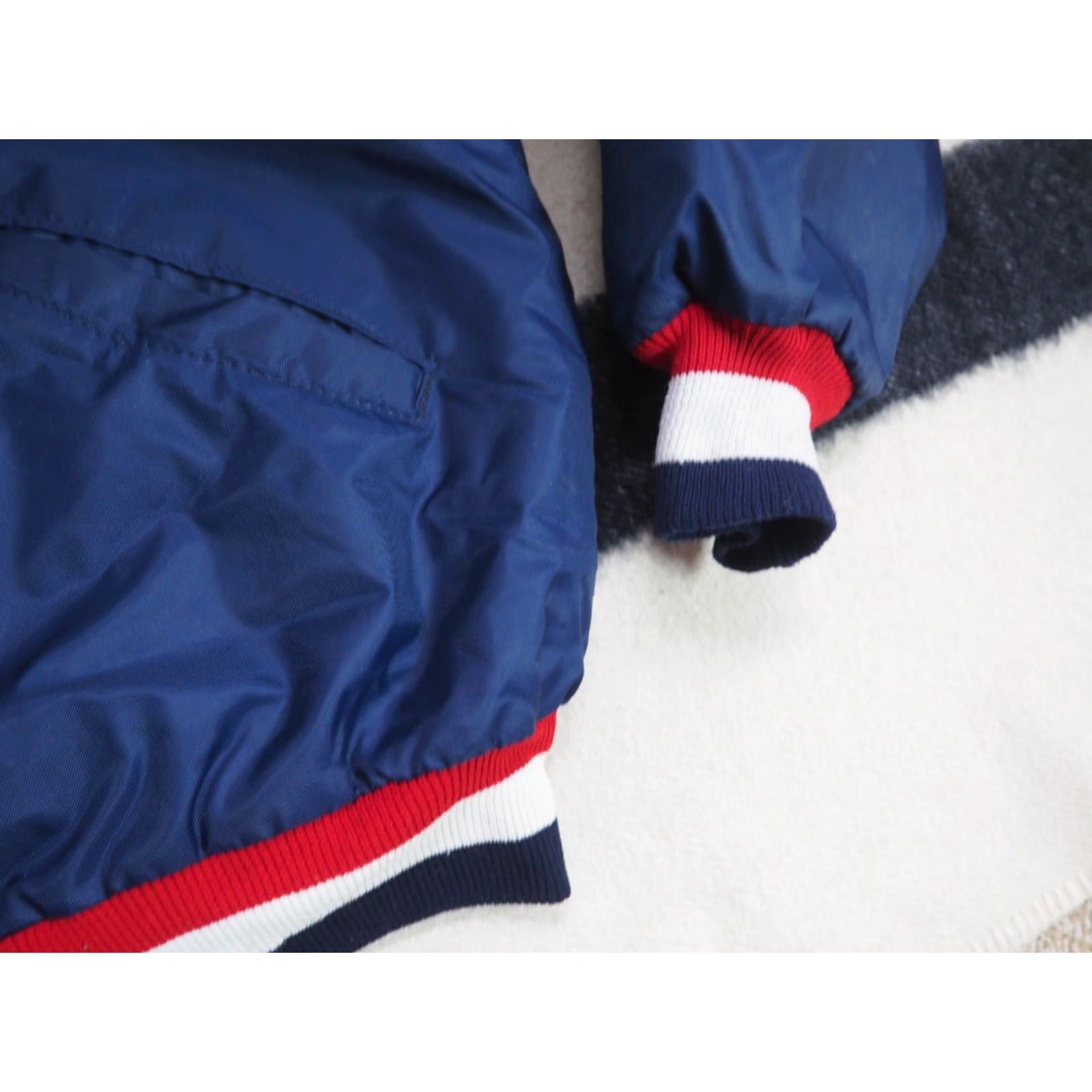 Vintage VINTAGE DeLong Bomber Jacket Mens XL BLUE Satin Nylon 80s Satin Lined Embroidered Patch 25.5" Pit 28" Length Size US XL / EU 56 / 4 - 6 Thumbnail