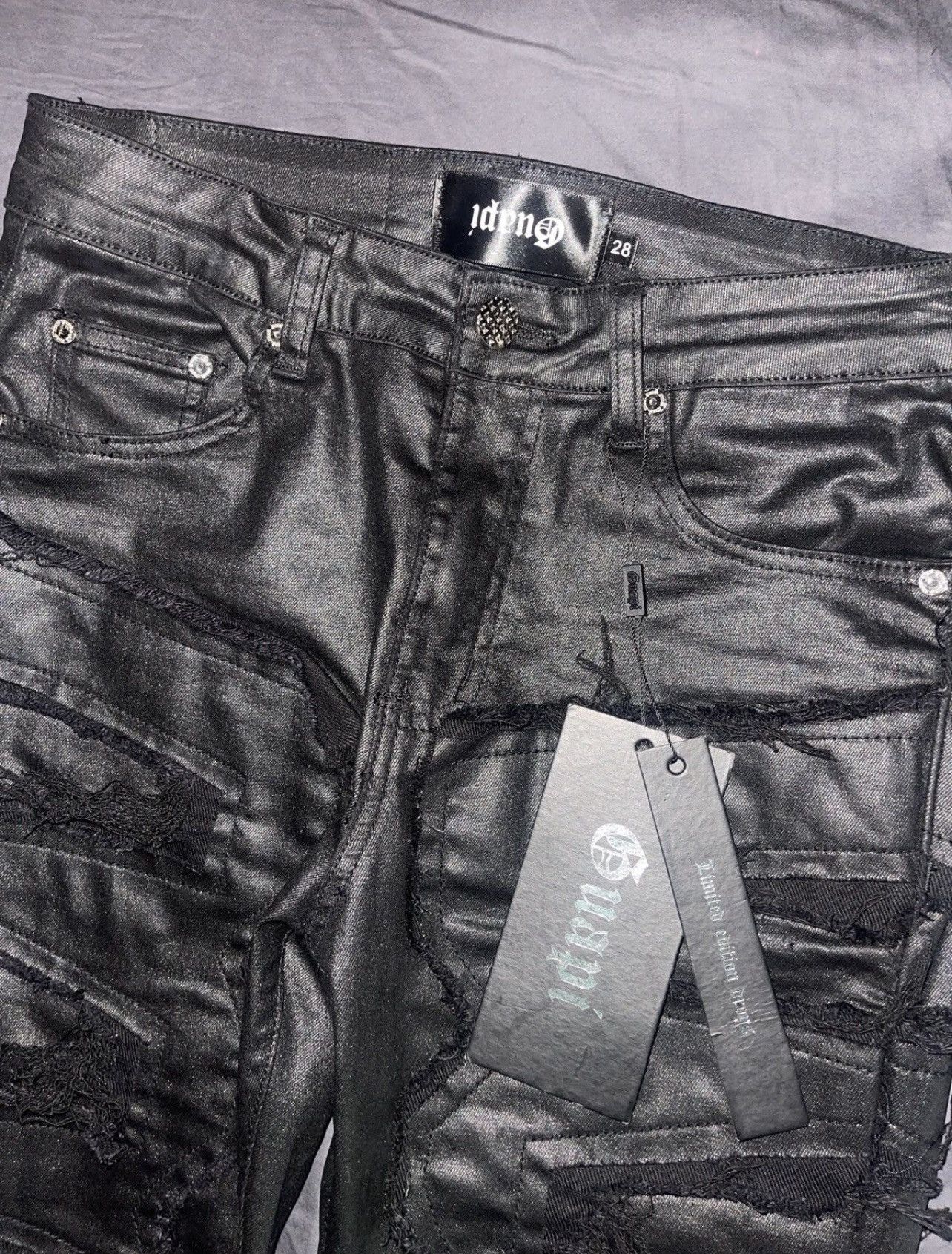 Guapi Distressed Black Waxed Denim Stacked Pants (28)