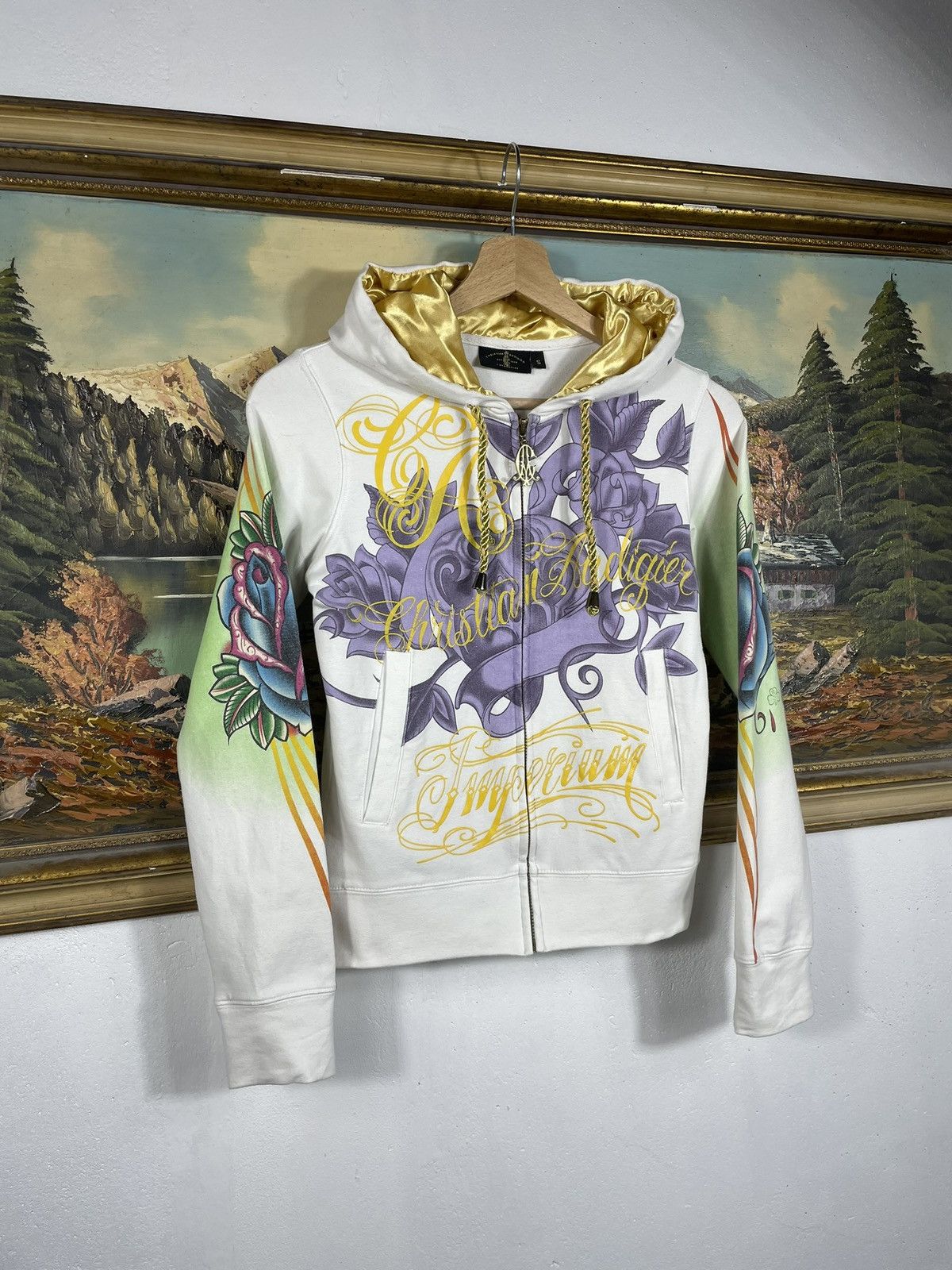 Christian Audigier × Ed Hardy × Vintage Ed Hardy Retro 00s Hoodie With Crystals Affliction Grunge Size US XXS / EU 40 - 4 Thumbnail
