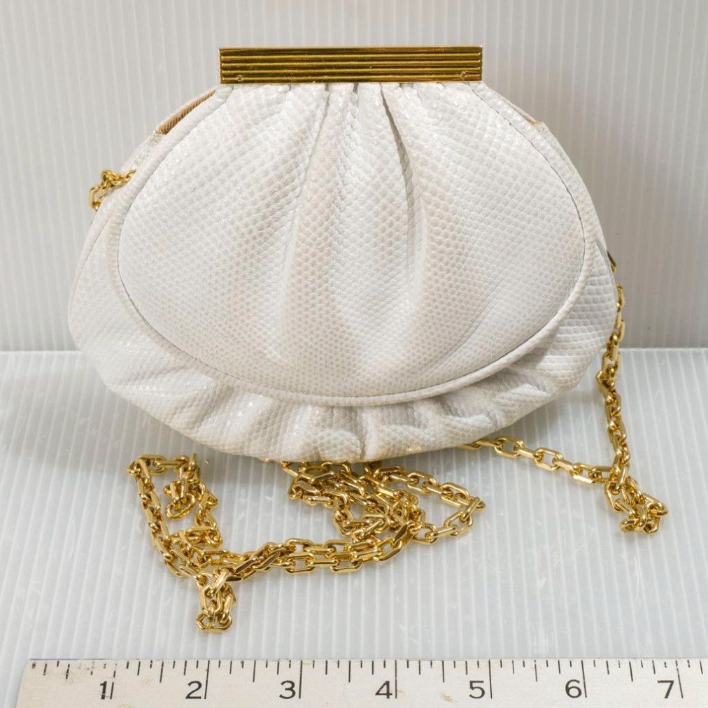image of Vintage Judith Lieber Ivory Snakeskin Clutch / Crossbody With Gold Accents Chain in White, Women's