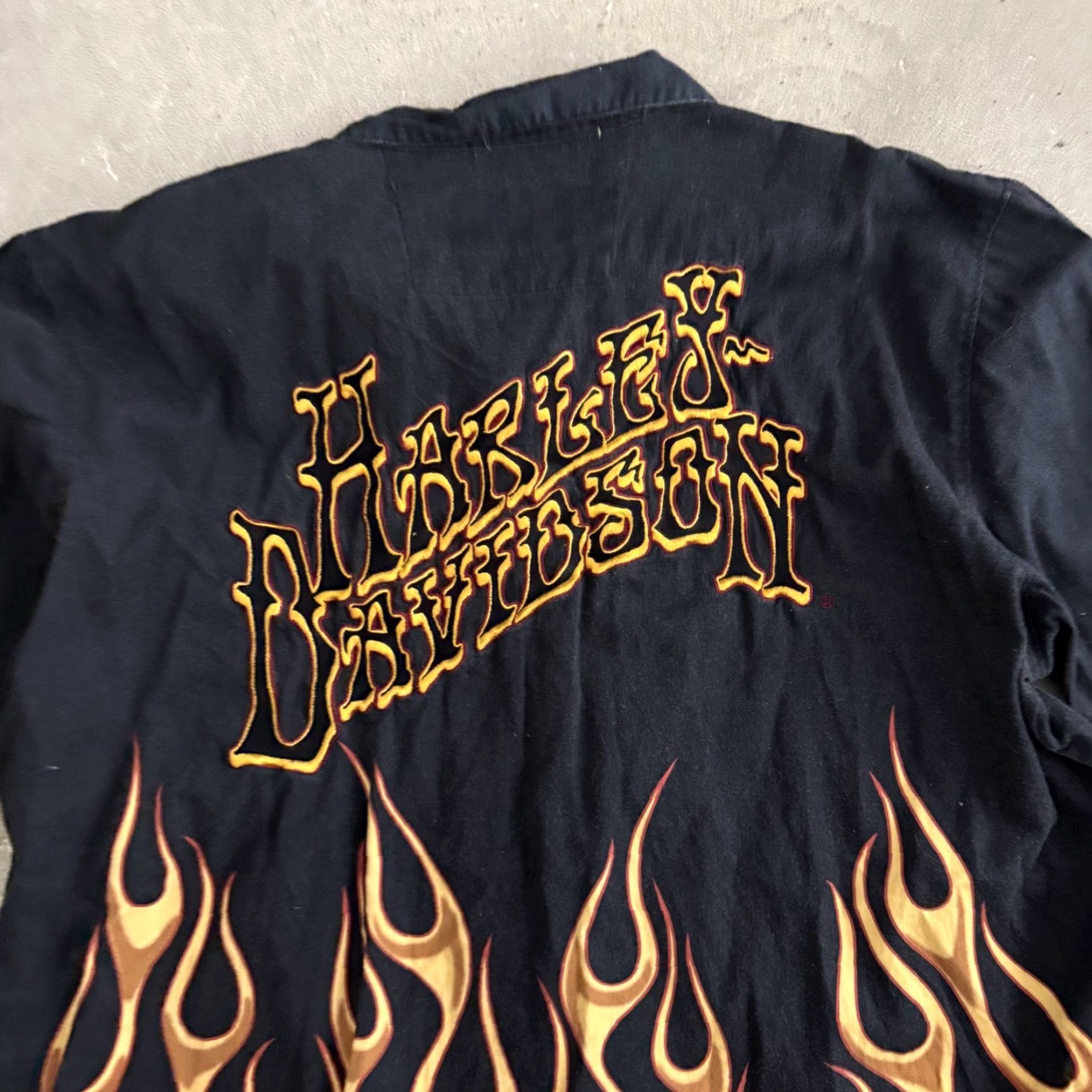 VINTAGE Harley-Davidson Button-Up Shirt Mens XL Black Flames Screamin Eagle NHRA Hot Rod Graphic Print Short Sleeve Collared Shirt Mens XL Black