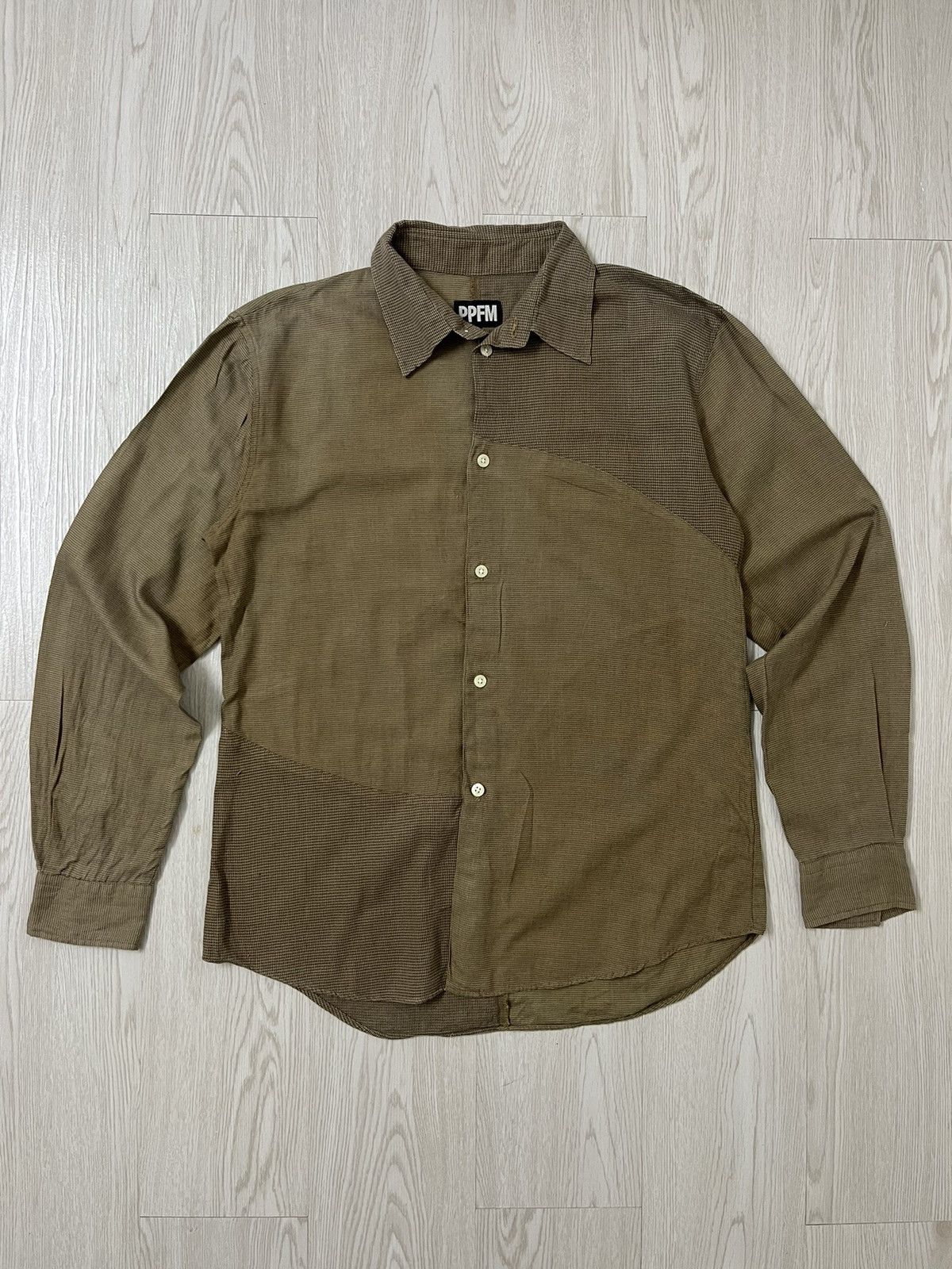 image of Vintage Ppfm Patchwork Patern Button Up Shirt in Brown Tan, Men's (Size Medium)