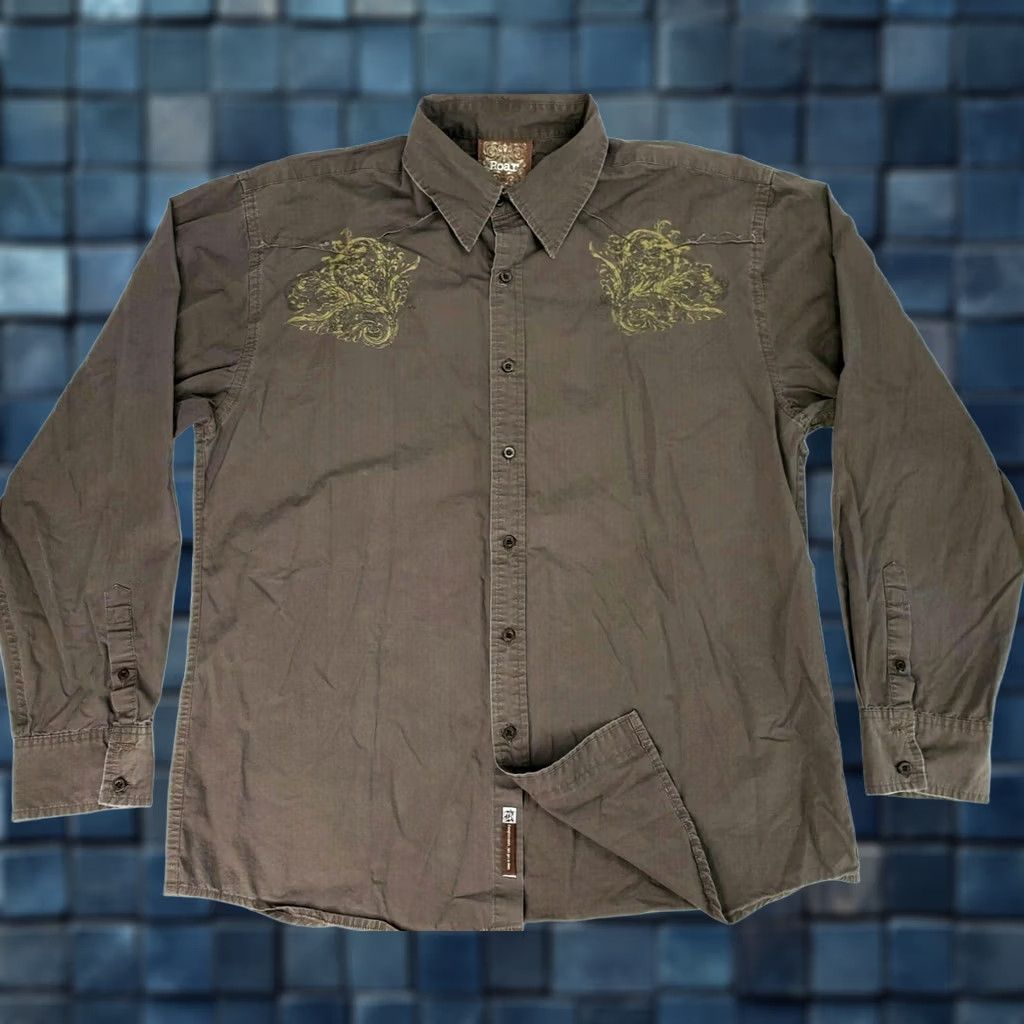 Roar Roar Shirt Button-Down Long Sleeve Men 2XL Brown Embroidered RELENTLESS Distressed Size US XXL / EU 58 / 5 - 1 Thumbnail