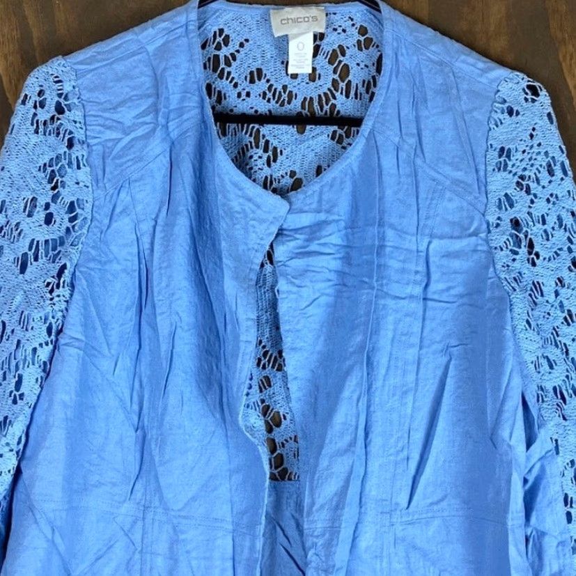 Vintage Chicos Womens Jacket Blue Lace Duster Open Front 3/4 Sleeve Linen Blend S Size S / US 4 / IT 40 - 2 Thumbnail