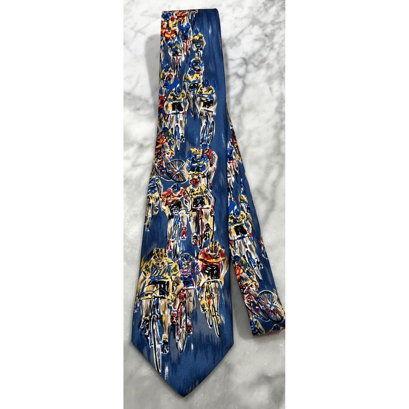 Lands' End Lands' End 100% Silk Men’s Necktie Cyclists Racing Theme 3 5/8x60 Made USA Blue Tie Mens Silk Neckwear Long 60" (3 5/8") Size ONE SIZE - 3 Thumbnail