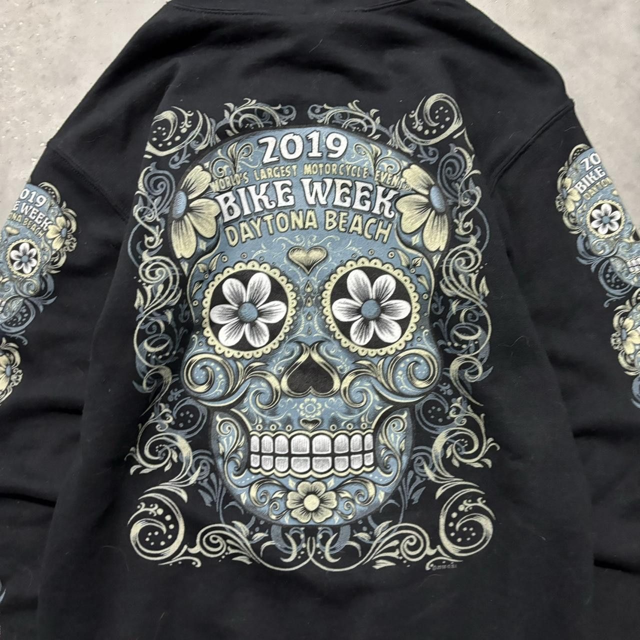 Japanese Brand × Vintage Crazy Vintage Y2K/2000s Grunge Bike Week Day Of The Dead Biker Graphic Zip Up Hoodie! Size US S / EU 44-46 / 1 - 7 Thumbnail