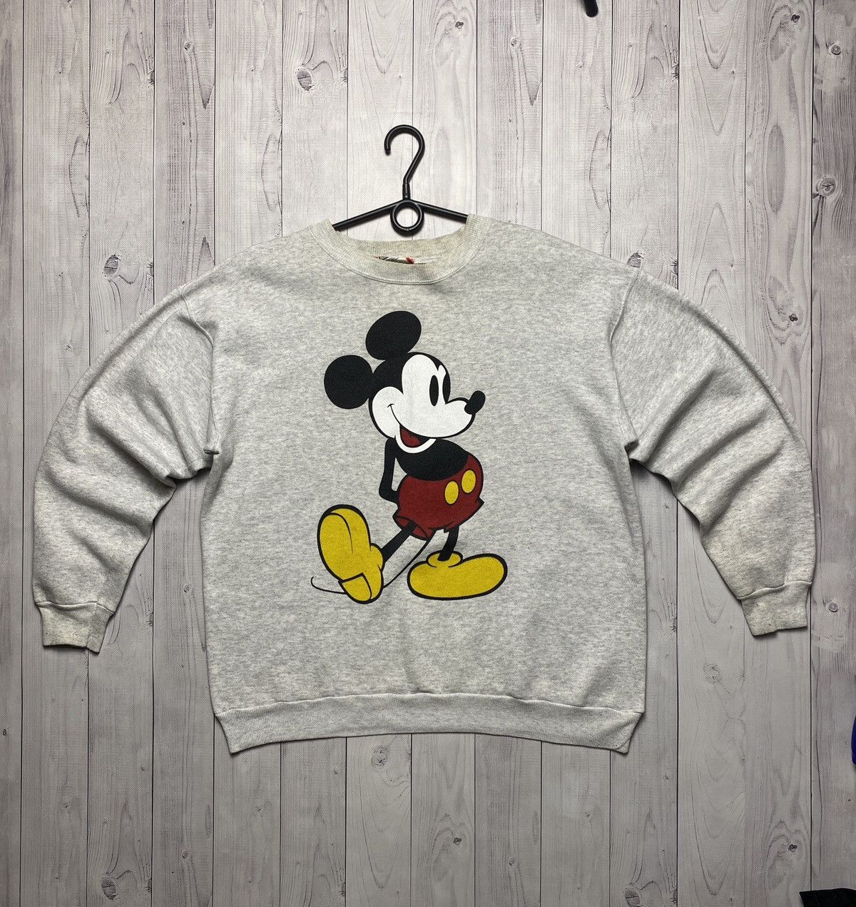 image of Disney 90's Mickey Mouse Sweatshirt Pullover Big Logo Vintage in Grey, Men's (Size Large)