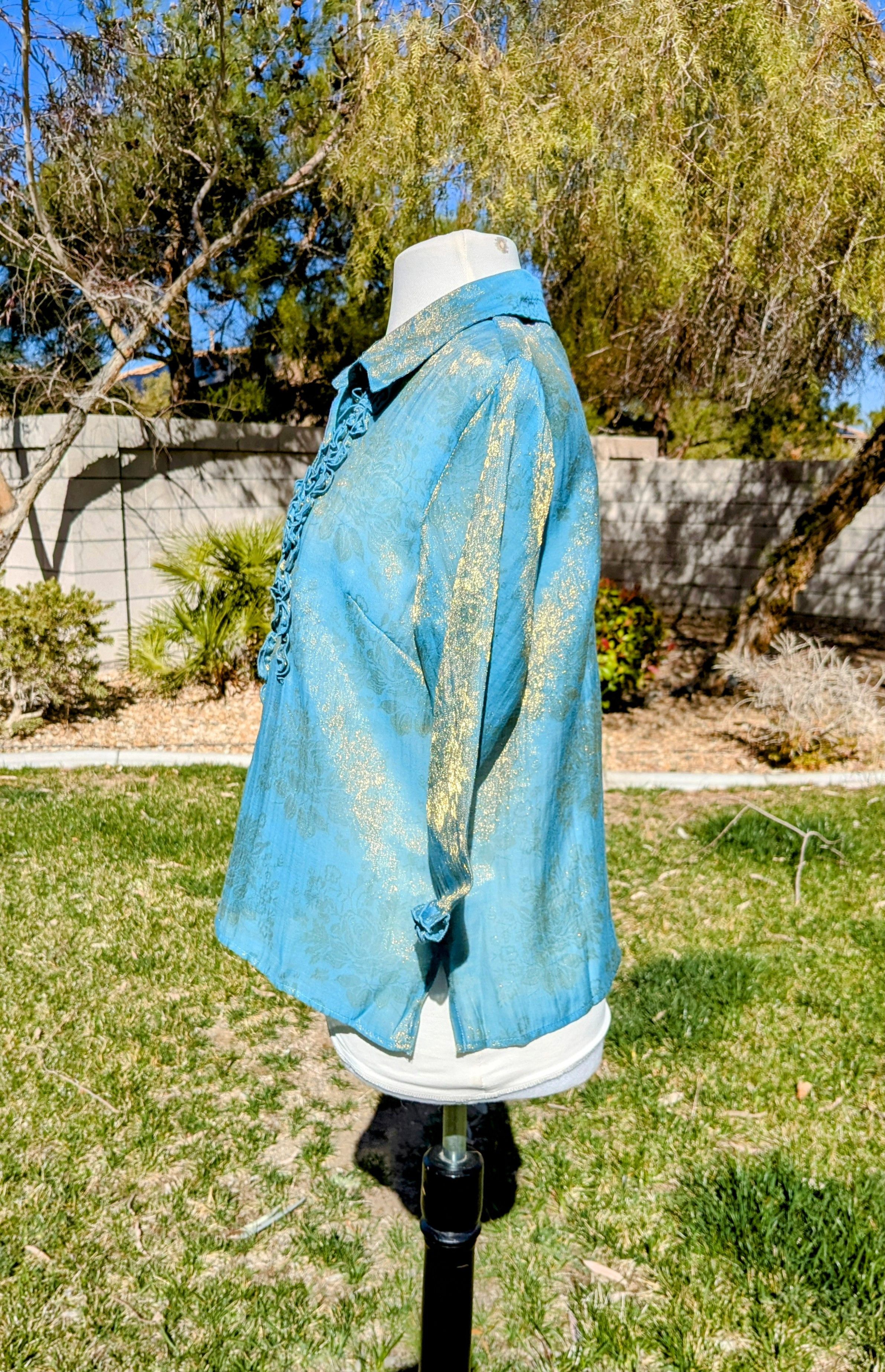 Designer JH Collectibles Light Blue&Gold Petite Sheer L/S Top Blouse Size L / US 10 / IT 46 - 3 Thumbnail
