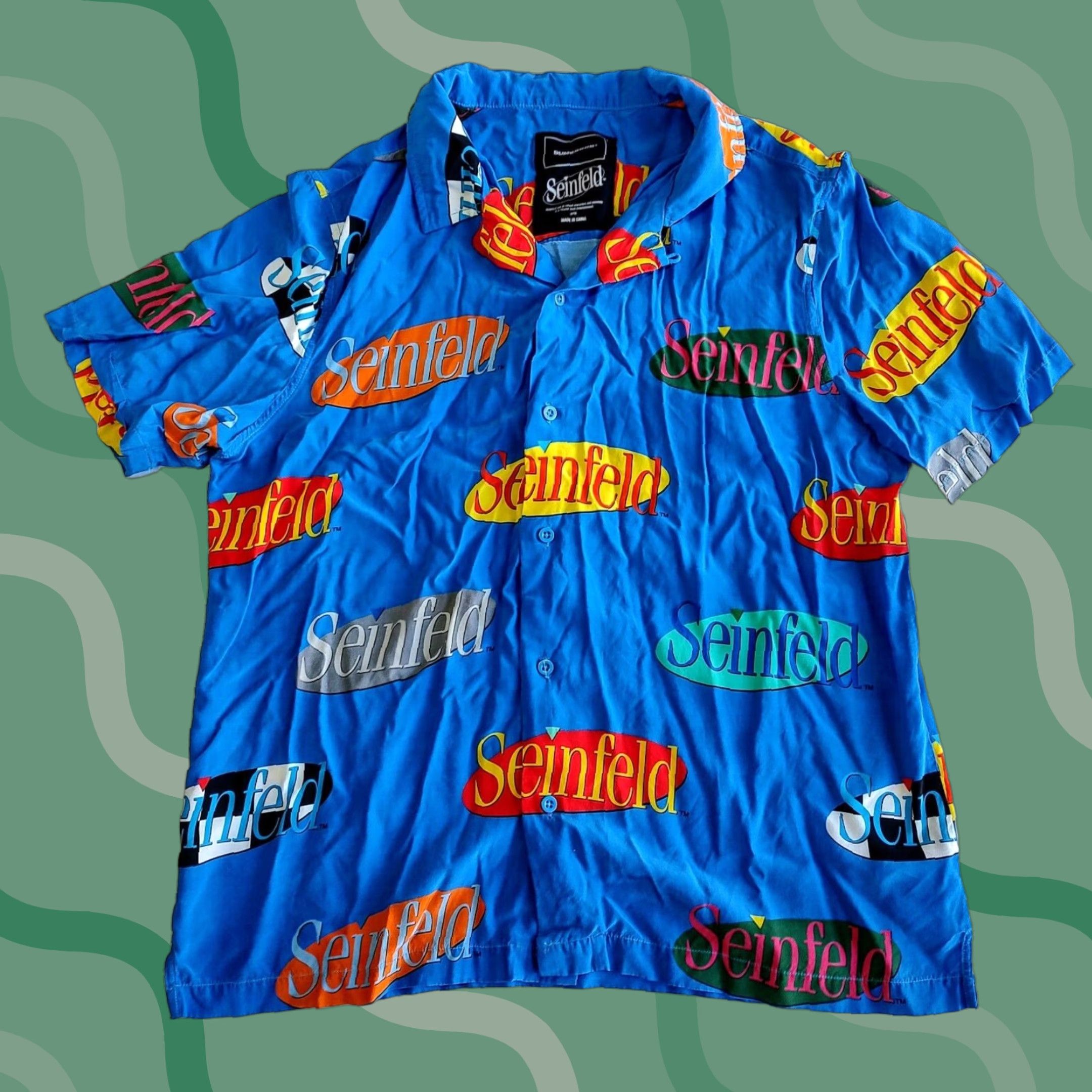 VINTAGE Seinfeld Hawaiian Shirt Mens L Button Up All Over Print Dumbgood Blue TV 90s