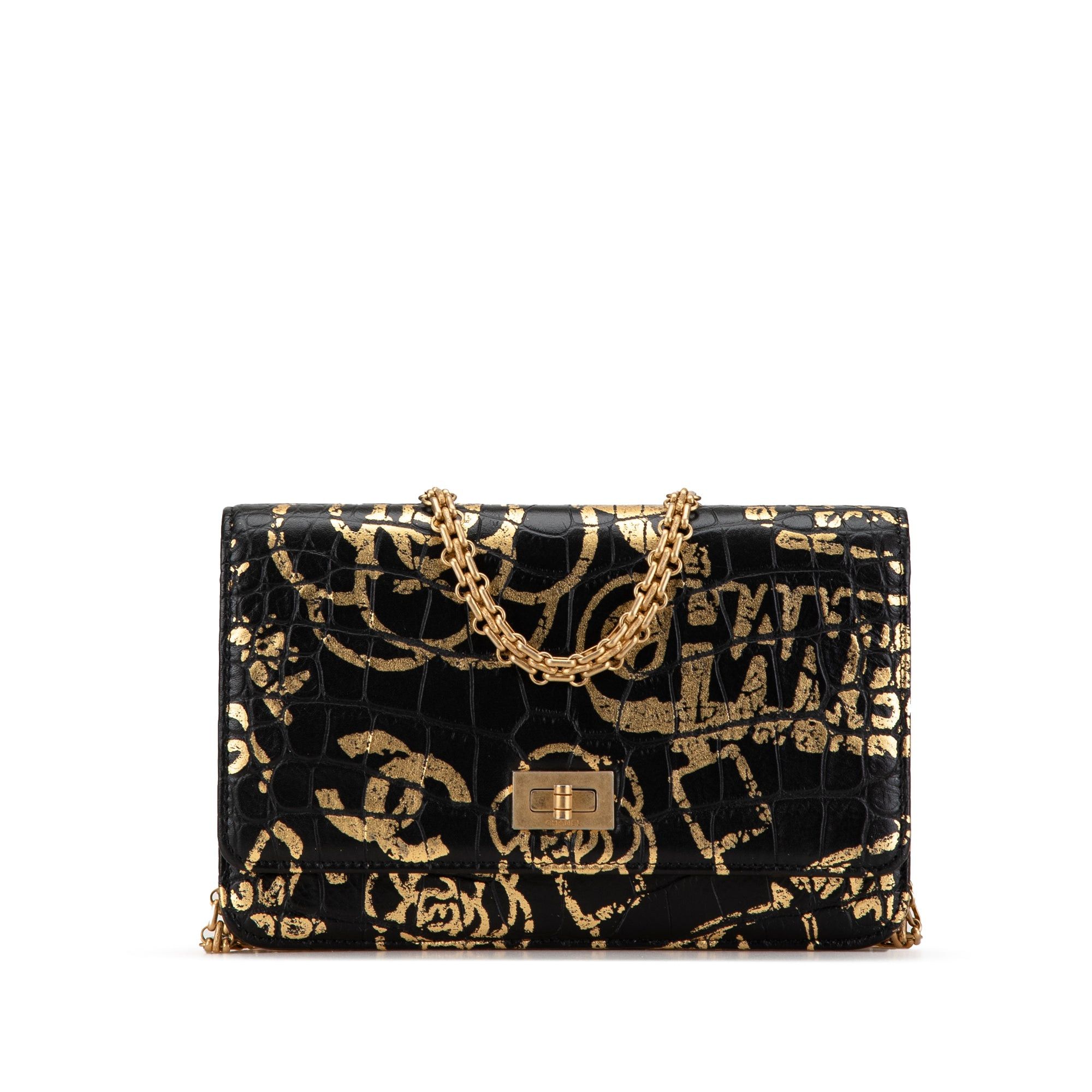 Chanel Chanel Calfskin Crocodile Embossed Graffiti 2.55 Cocodile Reissue Wallet On Chain Black Size ONE SIZE - 1 Thumbnail