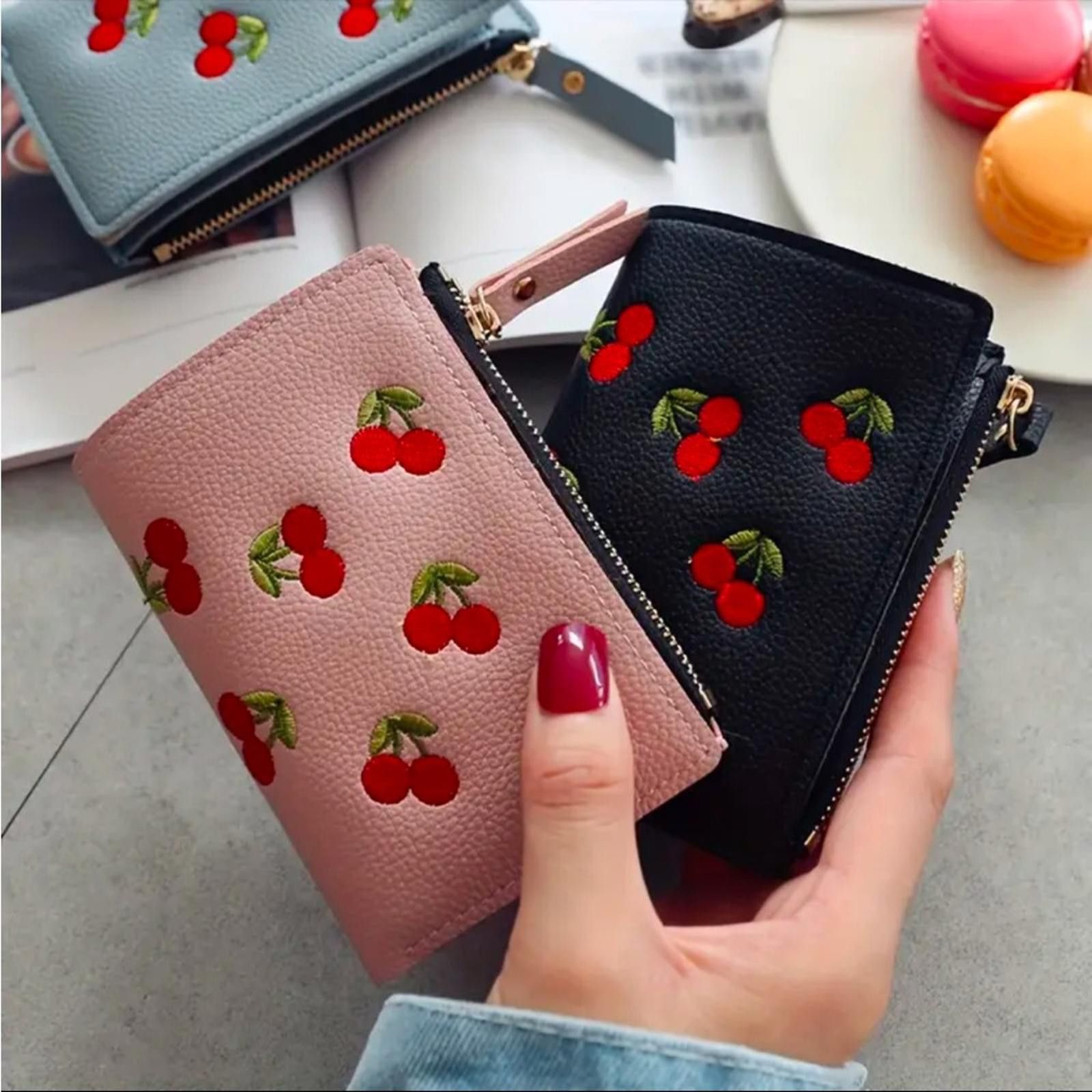 Designer Pink Cherry Embroidered Vegan Leather Wallet Size ONE SIZE - 2 Thumbnail