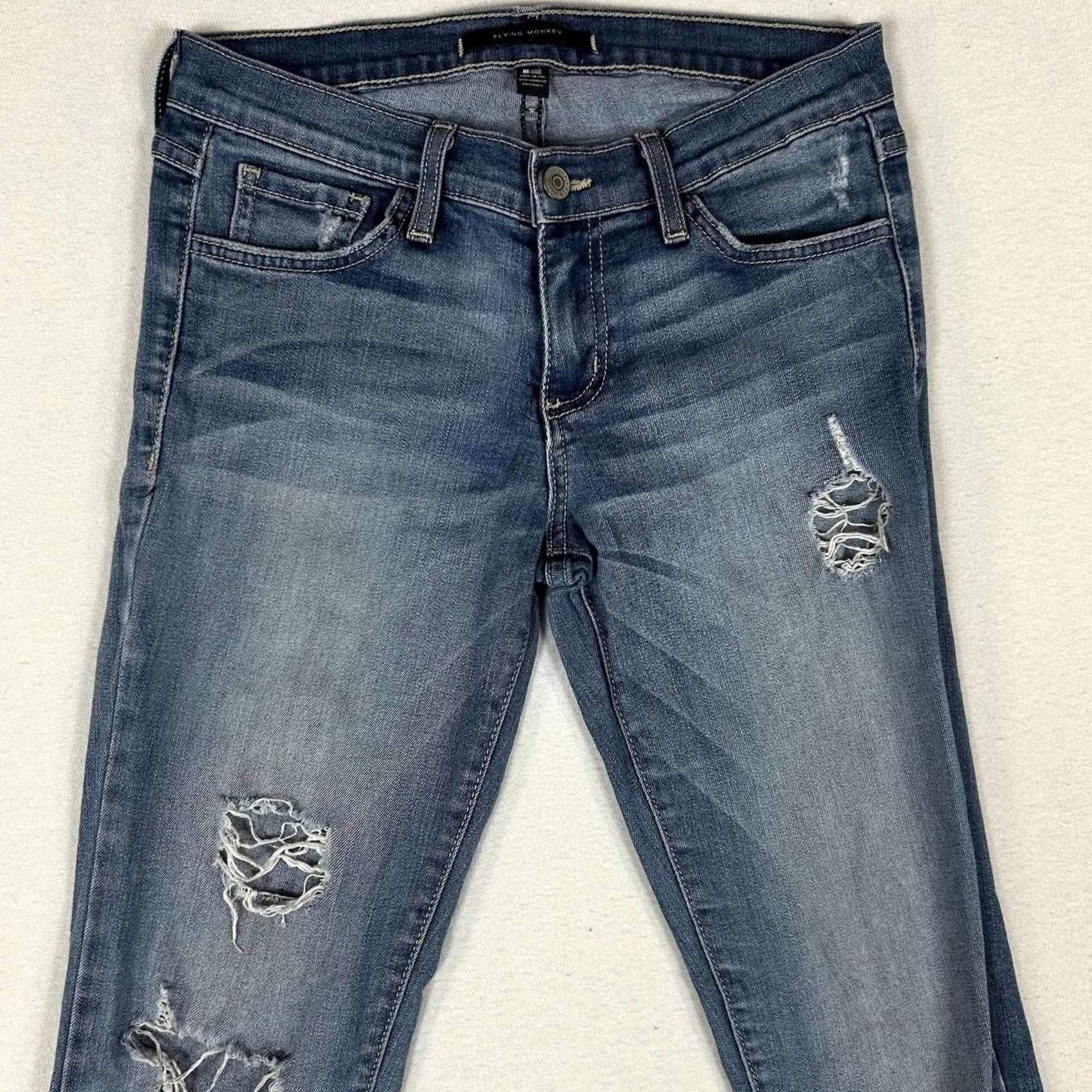 Vintage Flying Monkey Jeans Womens Size 27 Blue Denim Distressed Stretch Skinny Low Rise 5-Pocket Denim Pants Women Size 27" / US 4 / IT 40 - 3 Thumbnail
