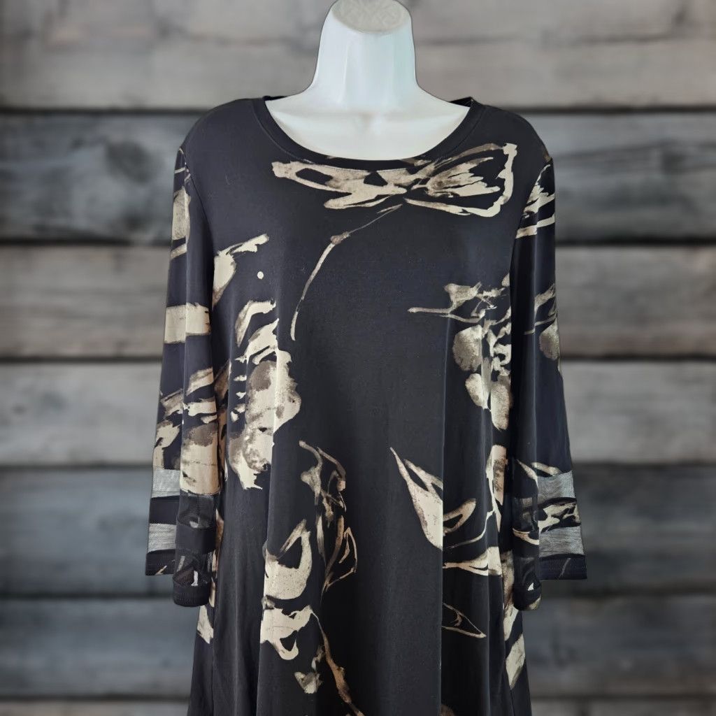 Joseph Ribkoff Joseph Ribkoff Womens Tunic Dress 3/4 Sleeve Size 10 Black Taupe Floral A-Line Dress Womens | Floral Pattern | Pullover Short 3/4 Sleeve Adjustable? Size L / US 10 / IT 46 - 1 Thumbnail