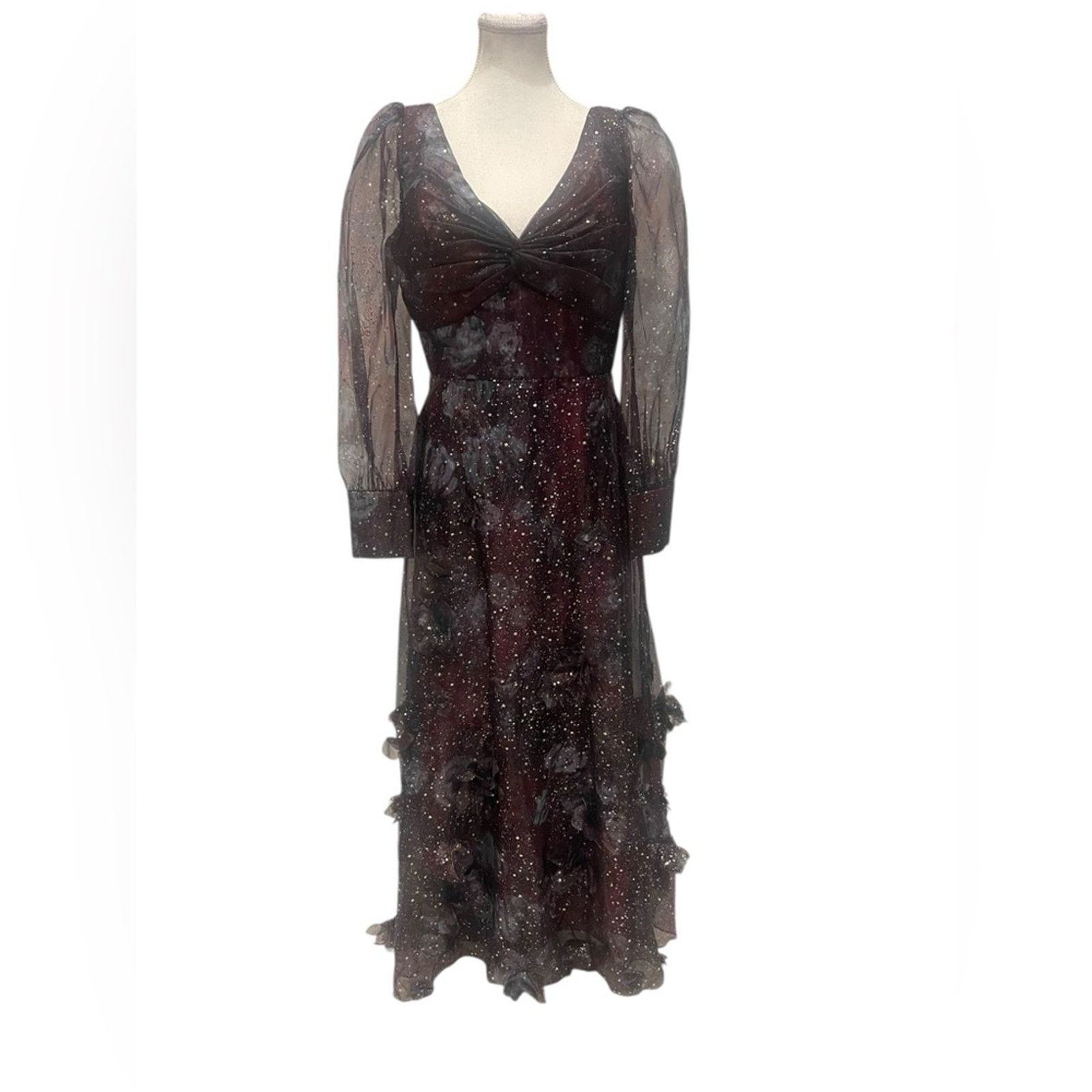 Marchesa Marchesa Norte Gown 3D Floral Purple Black Organza Foiled Size L / US 10 / IT 46 - 3 Thumbnail