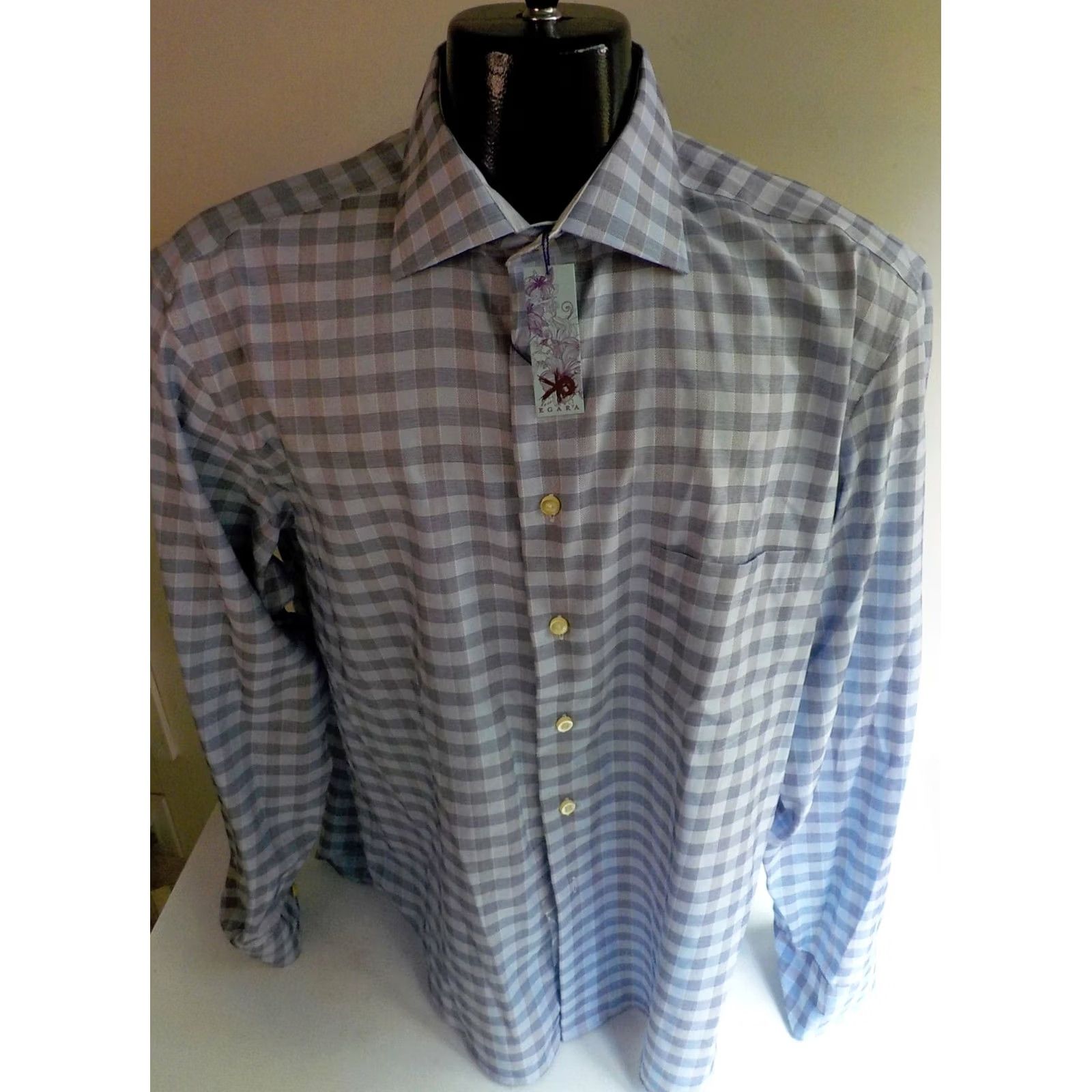 Egara EGARA Dress Shirt LS Checked-Spread Collar Flip Cuff Blue/Navy 17/17 1/2 NWT Mens Shirt Size US XL / EU 56 / 4 - 2 Thumbnail