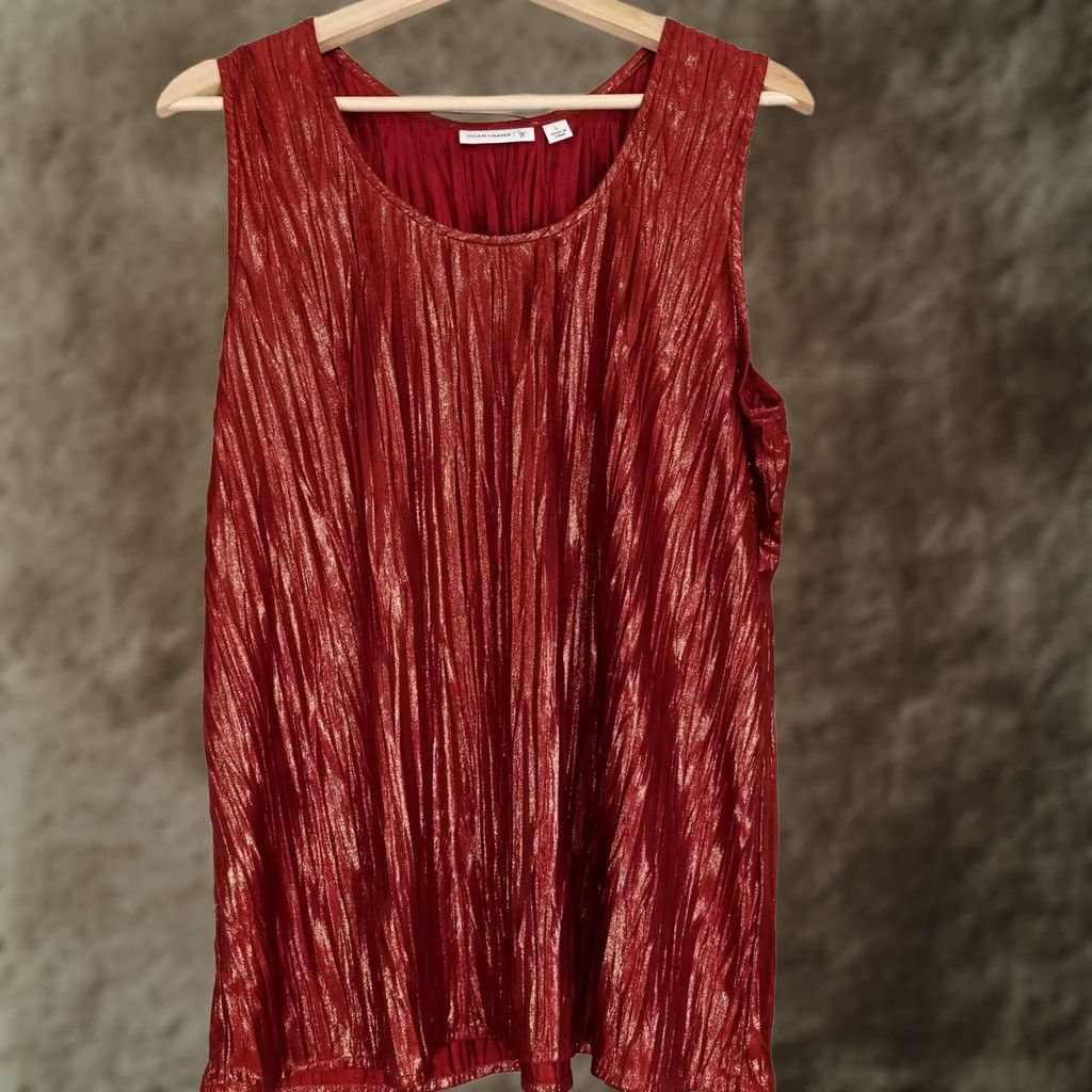 Vintage Susan Graver Tank Womens L Red Metallic Pleated Scoop Neck Sleeveless Party Cocktail Summer VINTAGE No Size L / US 10 / IT 46 - 1 Thumbnail