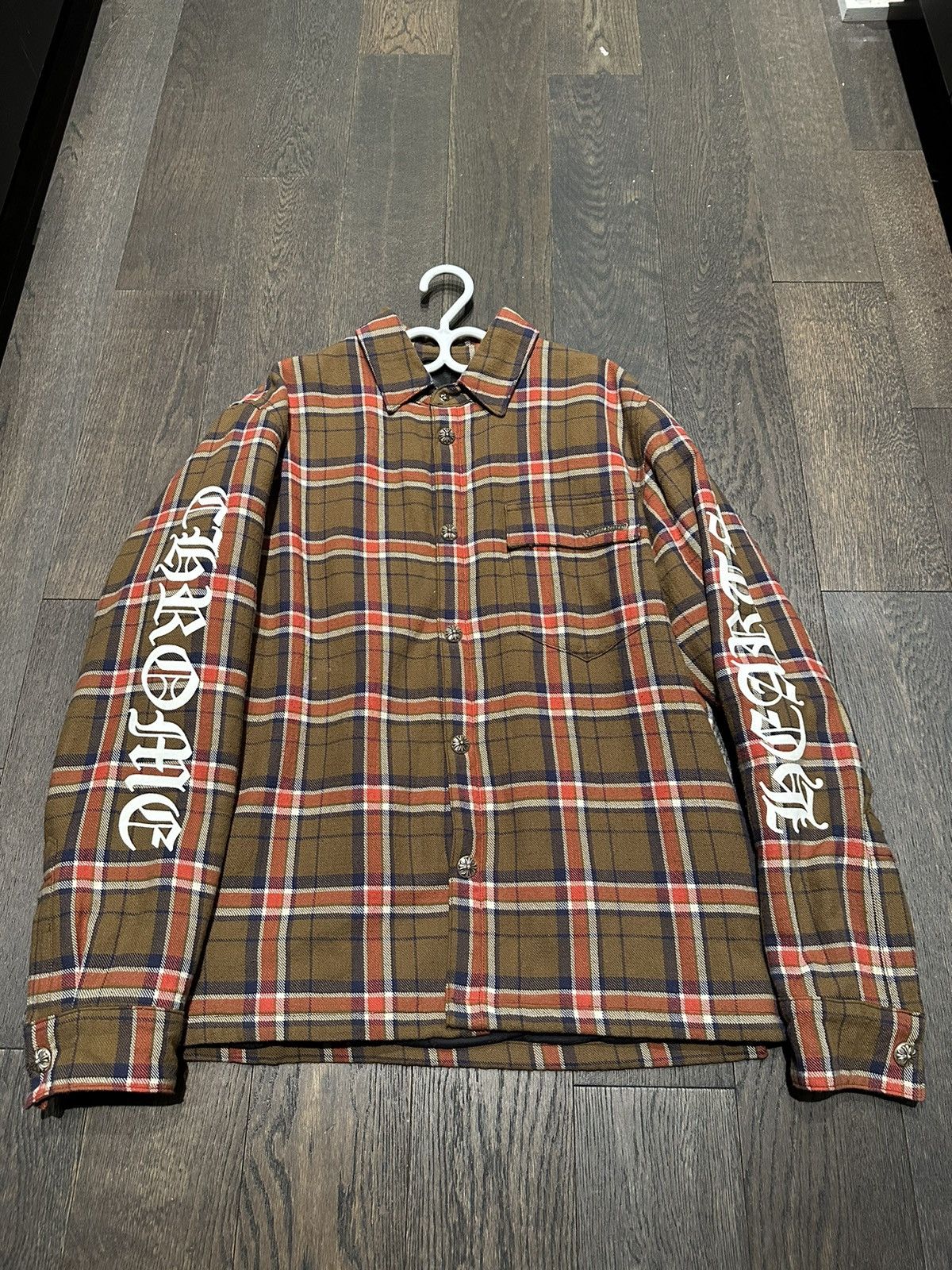 image of Chrome Hearts Lined Plaid Checkered Flannel Jacket in Brown, Men's (Size Medium)