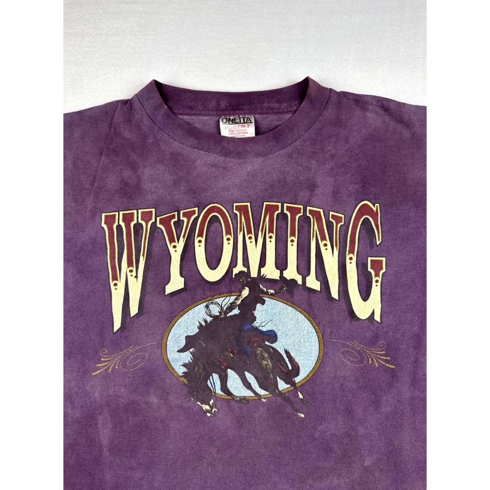 Vintage VINTAGE Wyoming Cowboy Bronco Shirt Purple Sun Faded Oneita USA Made XL Mens 90s Size US XL / EU 56 / 4 - 6 Thumbnail