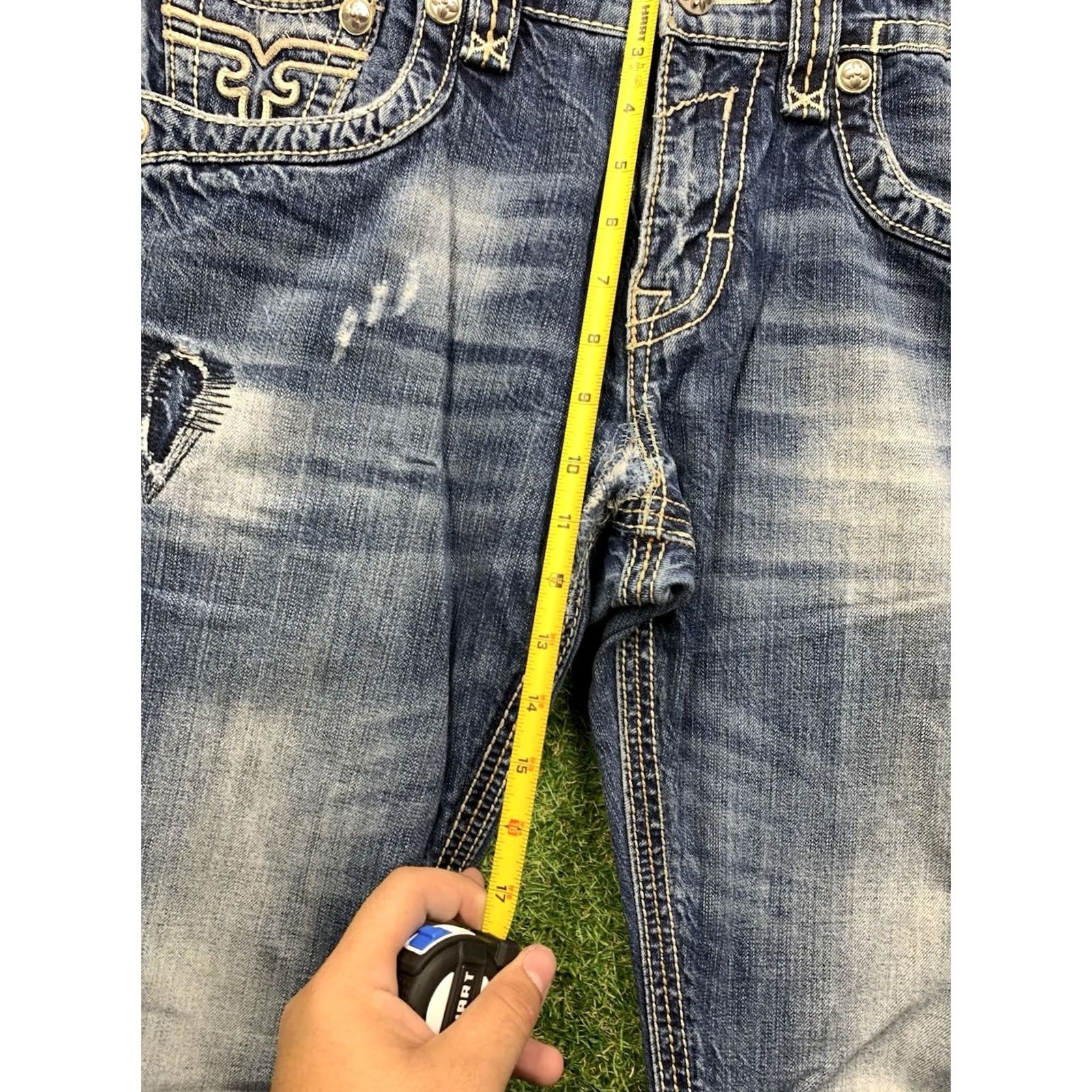 Vintage Rock Revival Jeans Men 33 Bootcut Medium Wash Distressed 5-Pocket Denim Blue Rock Grunge Biker 2000s Mens Size US 33 - 6 Thumbnail