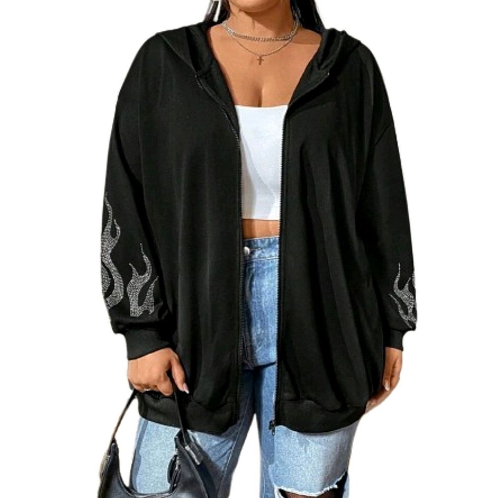 Shein FLAMES ☆ RHINESTONE ACCENT ☆ BLACK OVERSIZED HOODIE 4x ☆ NWT Size 4XL / US 24-26 - 4 Thumbnail