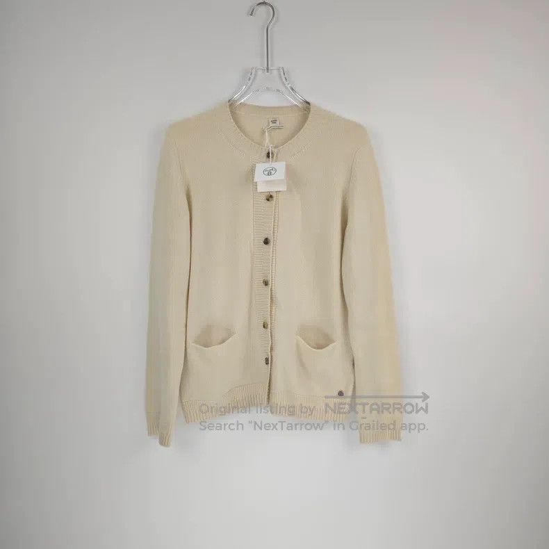 Hermes Beige Metallic Logo Cashmere Cardigan