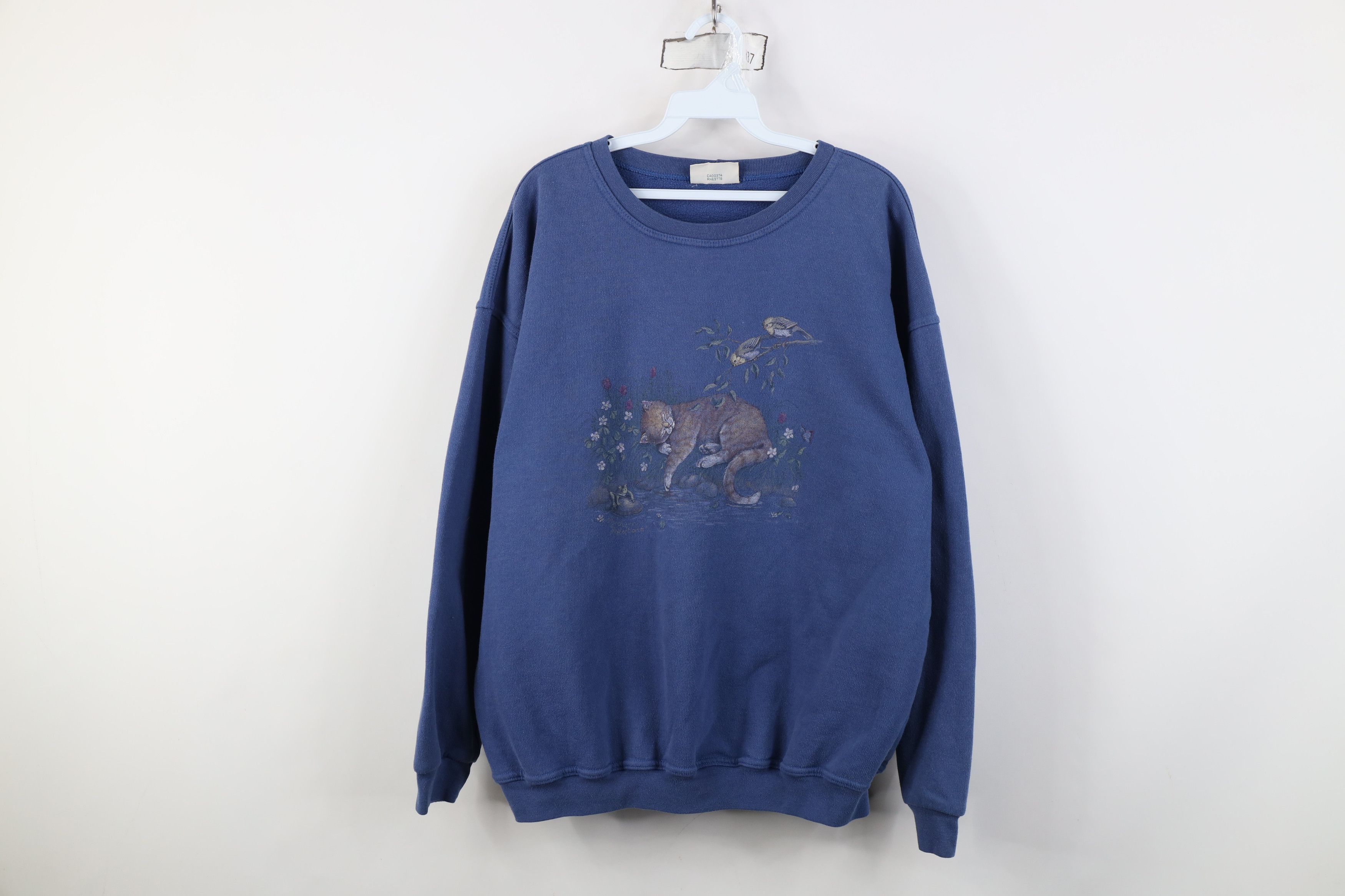 Vintage Vintage 90s Streetwear Cat Kitten Bird Sweatshirt Blue Size XXL / US 16-18 / IT 52-54 - 1 Thumbnail