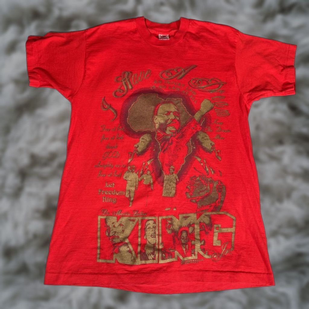 Vintage VINTAGE MLK T Shirt Mens L Slim Fit Red 1990s 90s Graphic Print Crew Neck Short Sleeve USA Made Mens Shirts Size US L / EU 52-54 / 3 - 1 Thumbnail