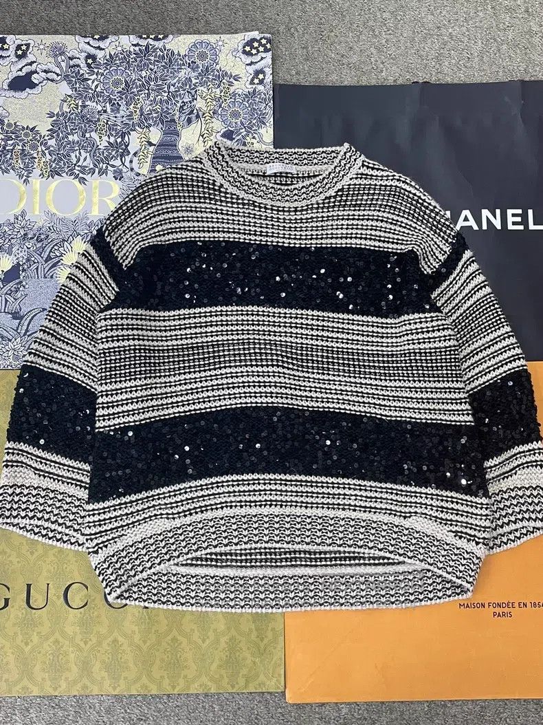 Brunello Cucinelli Brunello Cucinelli Black and White Sequin Striped Sweater Size M / US 6-8 / IT 42-44 - 1 Thumbnail