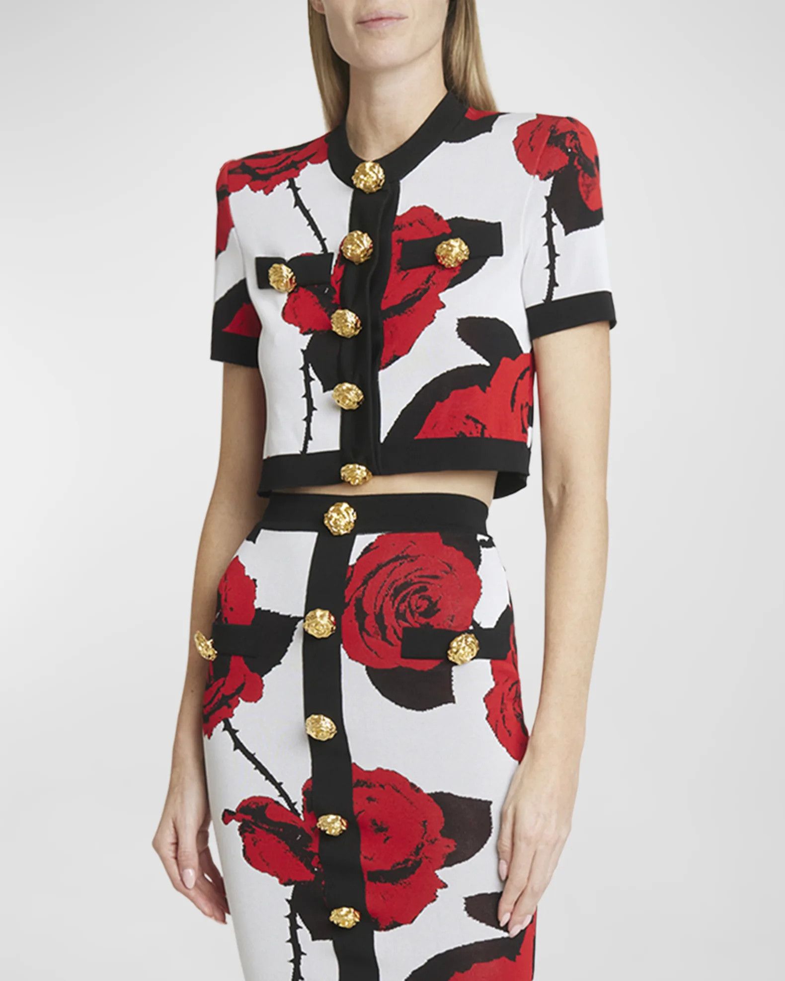 Balmain o1s1wg110825 Floral Jacquard Cropped Cardigan in Multicolor Size XL / US 12-14 / IT 48-50 - 2 Thumbnail