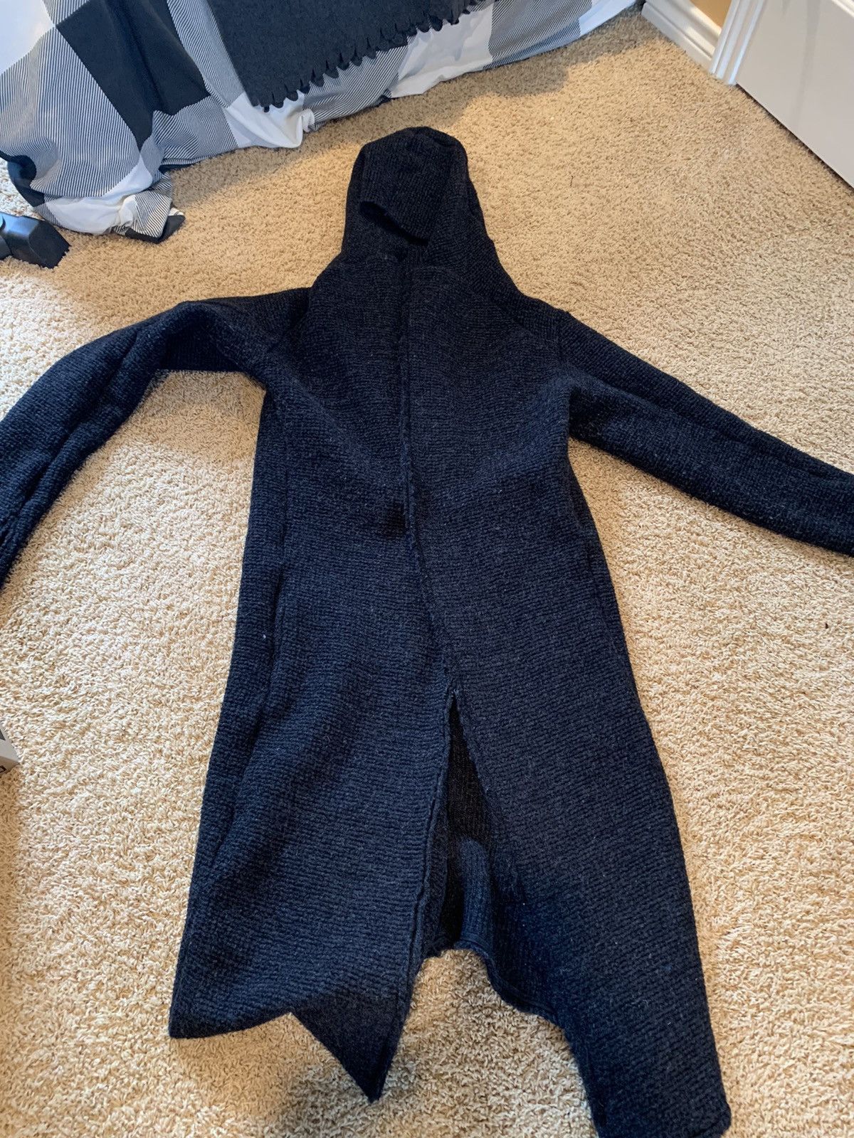 image of Zam Barrett Heavy Wool Knit Hooded Long Cardigan in Black, Men's (Size Medium)