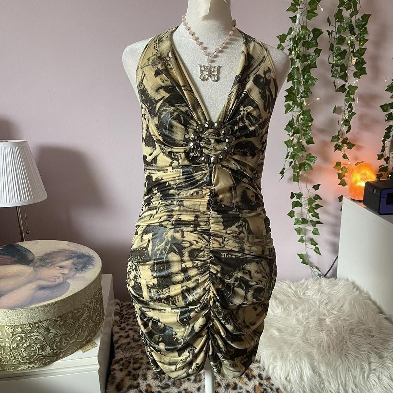 Vintage Y2K printed & ruched halter neck bodycon mini dress Size L / US 10 / IT 46 - 1 Thumbnail