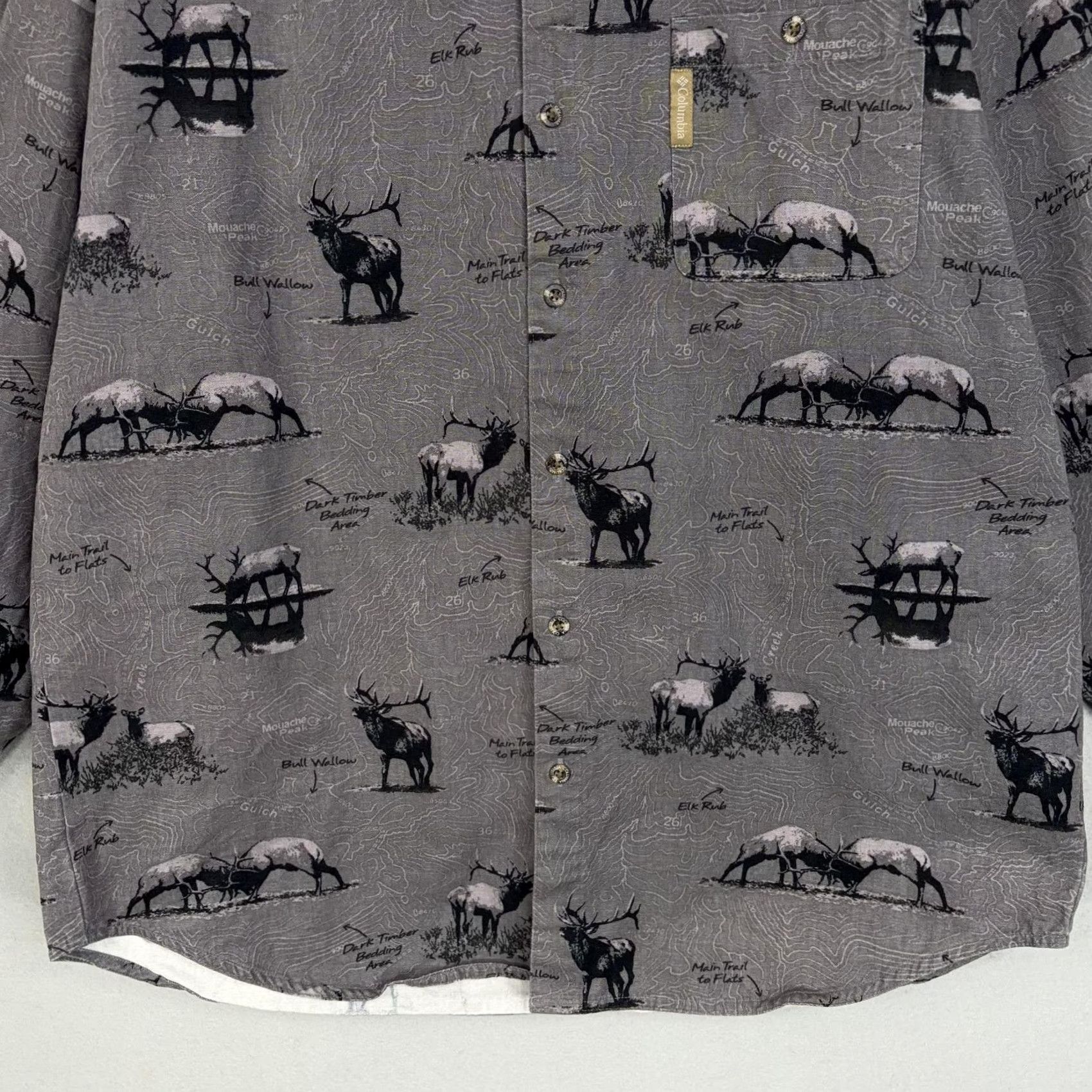 Vintage Columbia Mens Large Gray Elk Hunting Topo Print Button-Front River Lodge Shirt Size US L / EU 52-54 / 3 - 3 Thumbnail